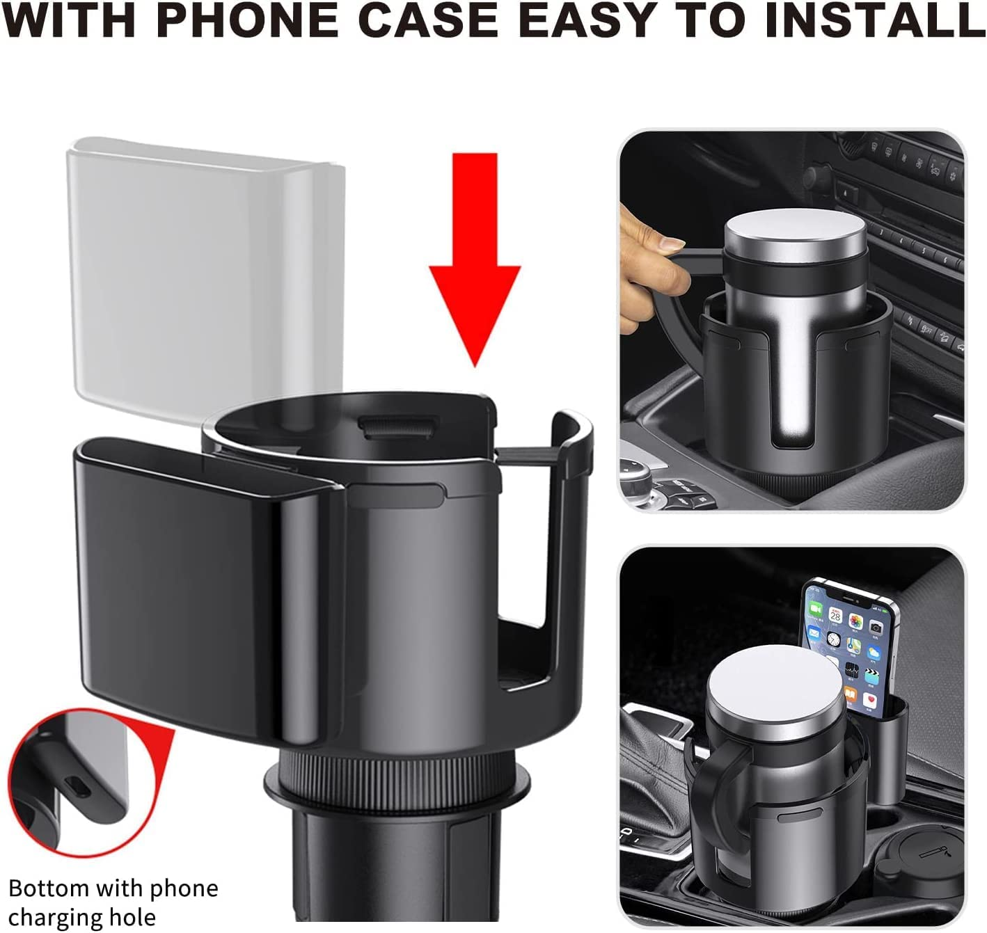 ACEBON Car Cup Holder Expander Adapter with Adjustable Base & Removable Phone Holder, Compatible with Hydro Flasks 32/40Oz, Yeti 14/24/36/46Oz Ramblers image number 5