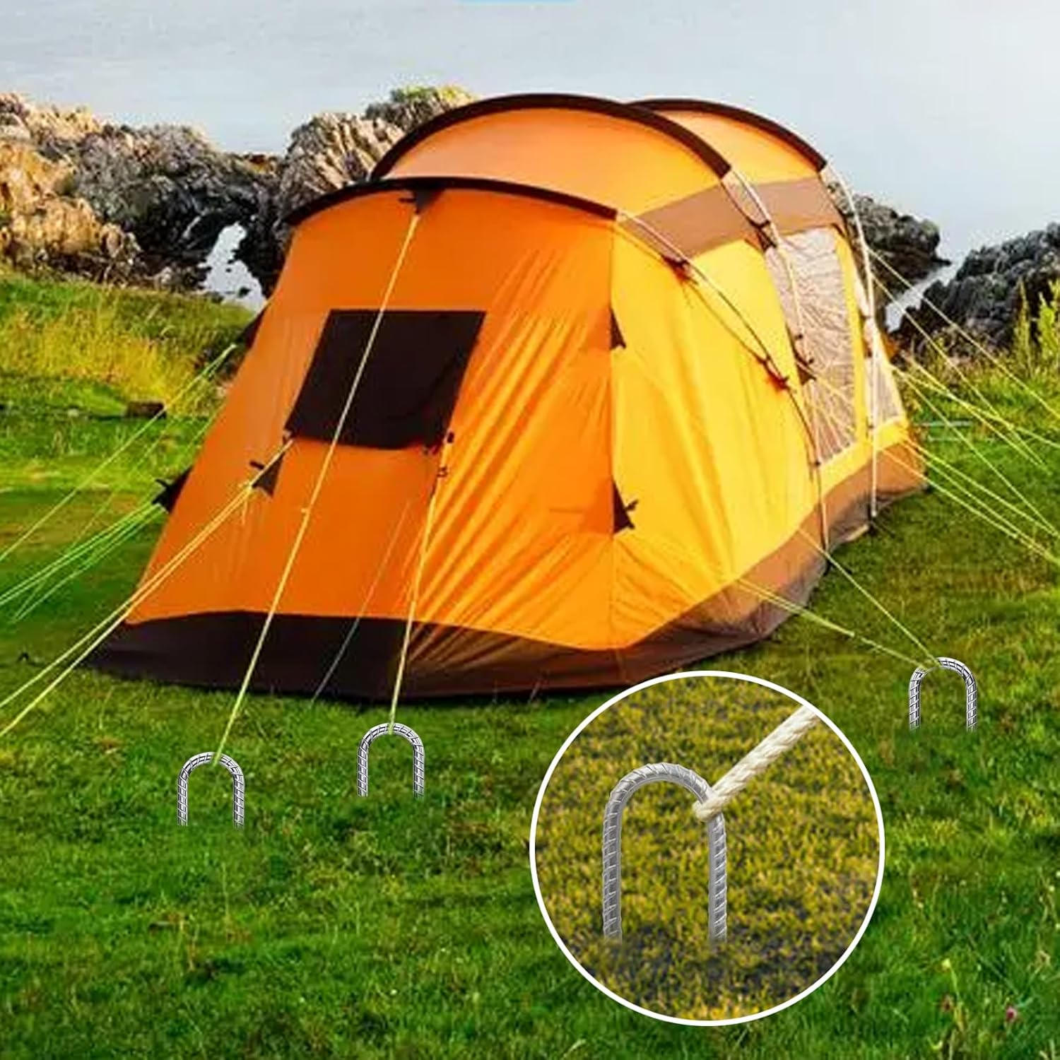 4Pcs 12 Inch Rebar Ground Stakes, Galvanized Tent Stakes U Shaped Metal Fences Stake Ground Anchors with Chisel Point End Yard Stakes Heavy Duty Ground Anchor Pegs for Camping Tent Garden image number 1