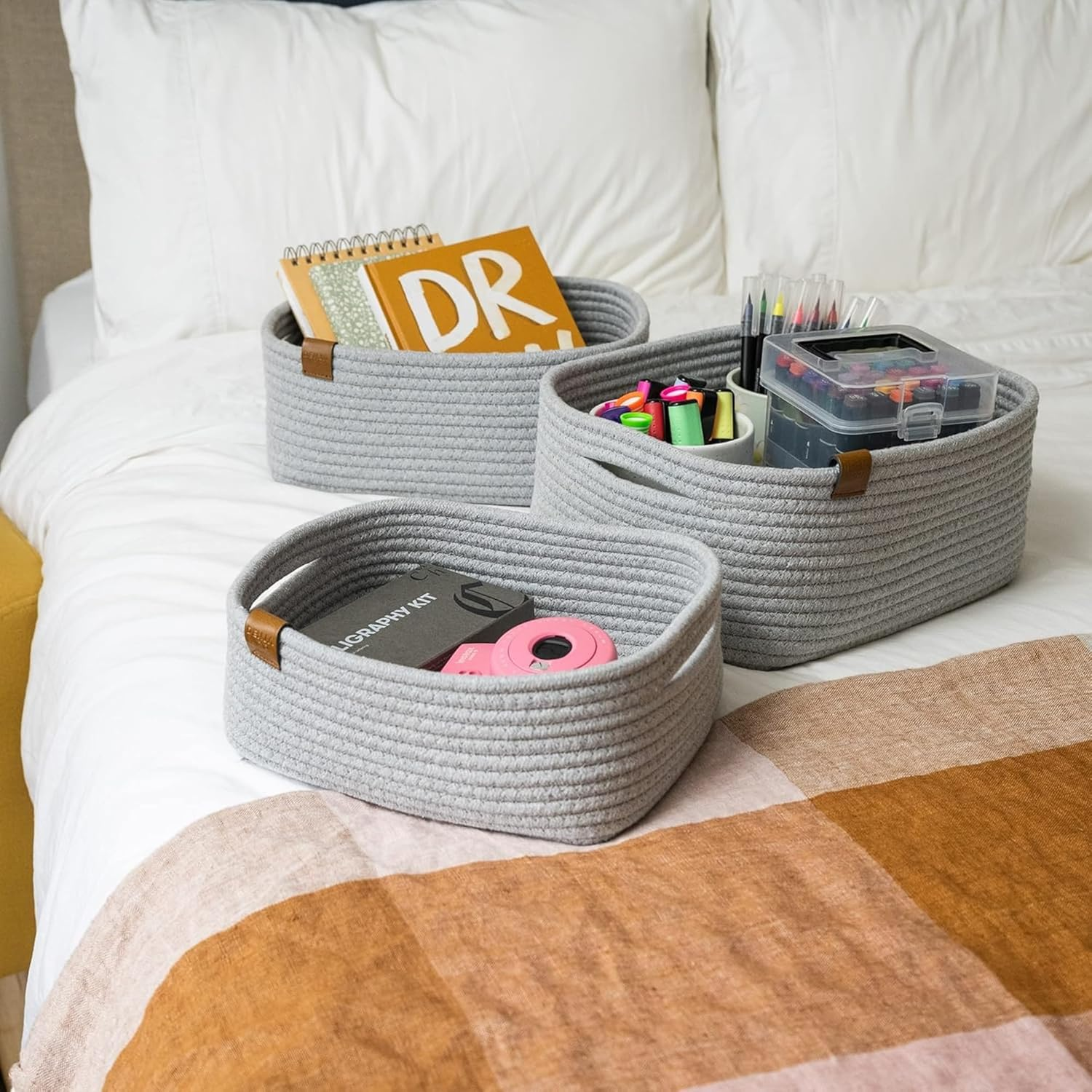 DENJA & CO Decorative Storage Basket Organiser Set of 3 - Woven Cotton Rope Baskets for Bathroom Storage - Nursery Organisation Baskets for Toys, Books, Diapers - Rectangle Basket Set for Home Decor