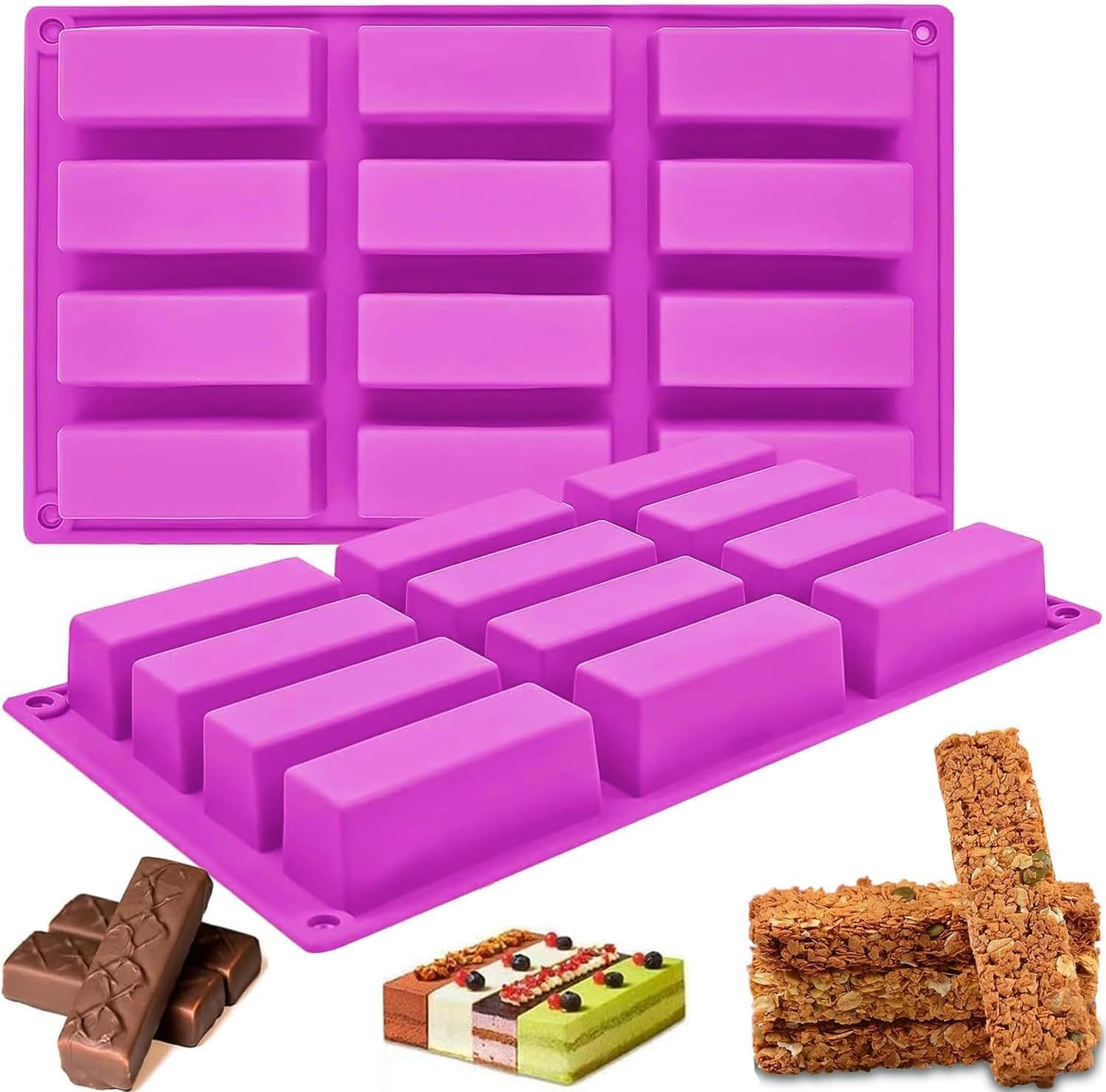 Silicone Granola Bar Molds, Rectangle, for Energy Bars, Cereal, Protein, Brownie, Cheesecake & More - Chocolate & Candy Molds, 12 Cavity Pack image number 2