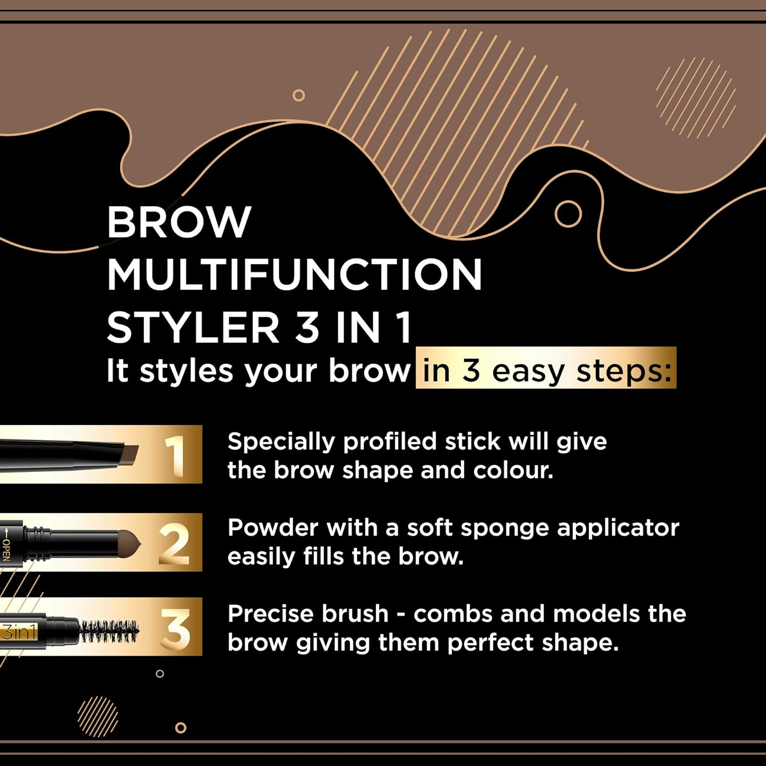 Eveline Cosmetics Brow Styler 3-In-1 Durable Multifunctional Eyebrow Pen | Medium Brown Eyebrow Make up | Precision Brush | Natural Effect | Powder with Applicator image number 4