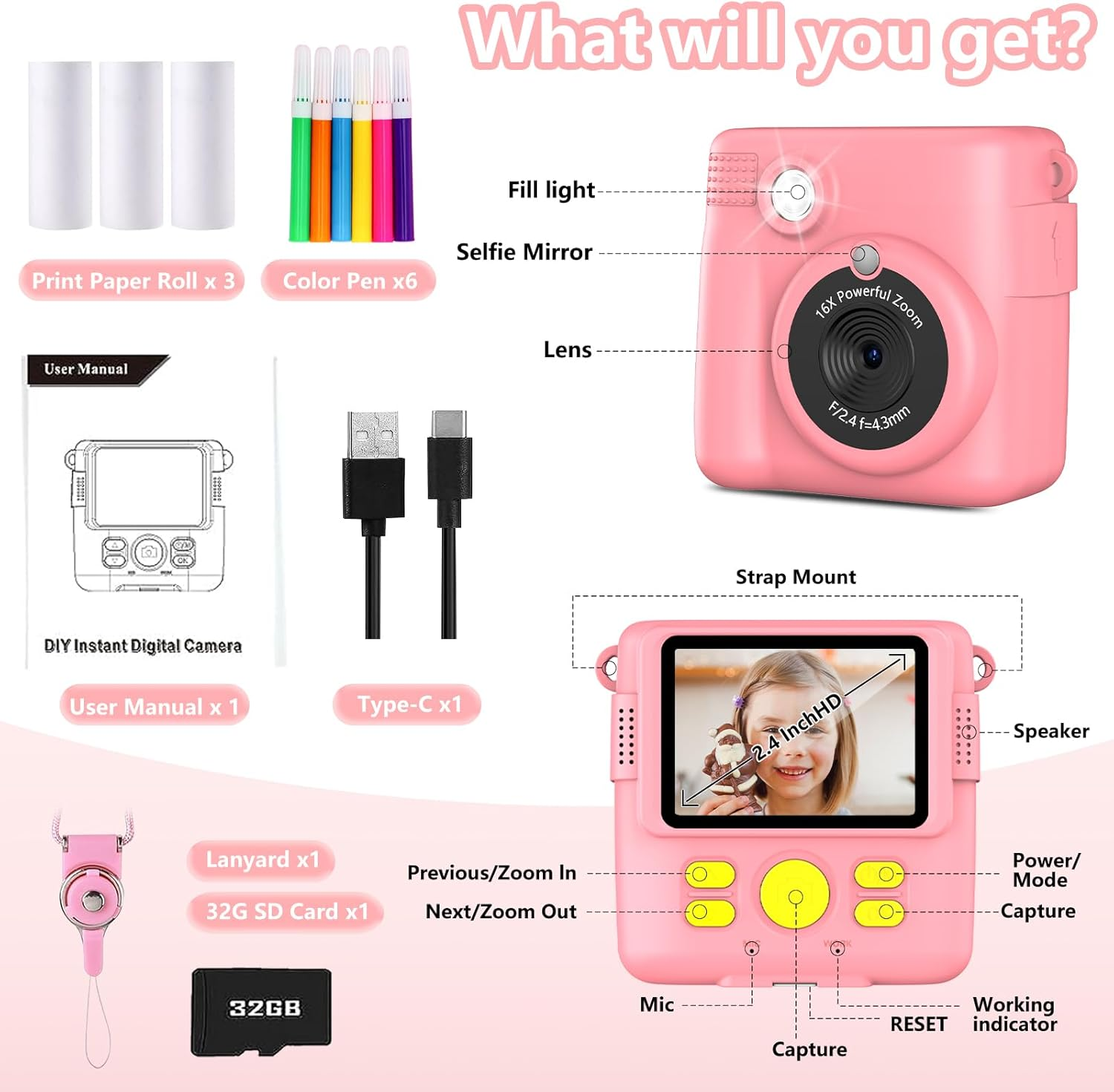 Instant Print Camera for Kids,Christmas Birthday Gifts for Age 3-12 Girls Boys，1080P HD Digital Video Cameras for Toddler,Kids Portable Toy with 3 Rolls Photo Paper，32Gb Card-Pink image number 2