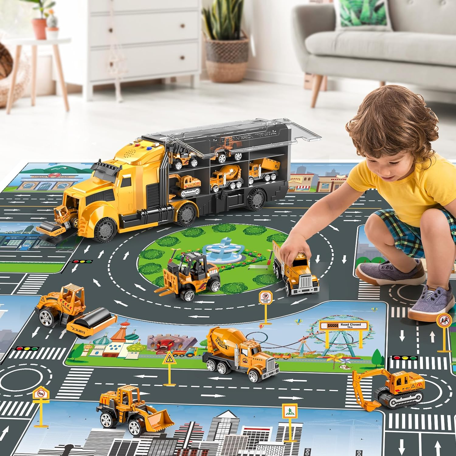 Construction Trucks Toy Set with Play Mat, Carrier Truck Play Vehicles Set for 3 4 5 6 Years Old Boys Kids, Die-Cast Car Toy for Toddlers 3-4 Years, Birthday Gifts Toys for 3-9 Year Old Boys image number 5