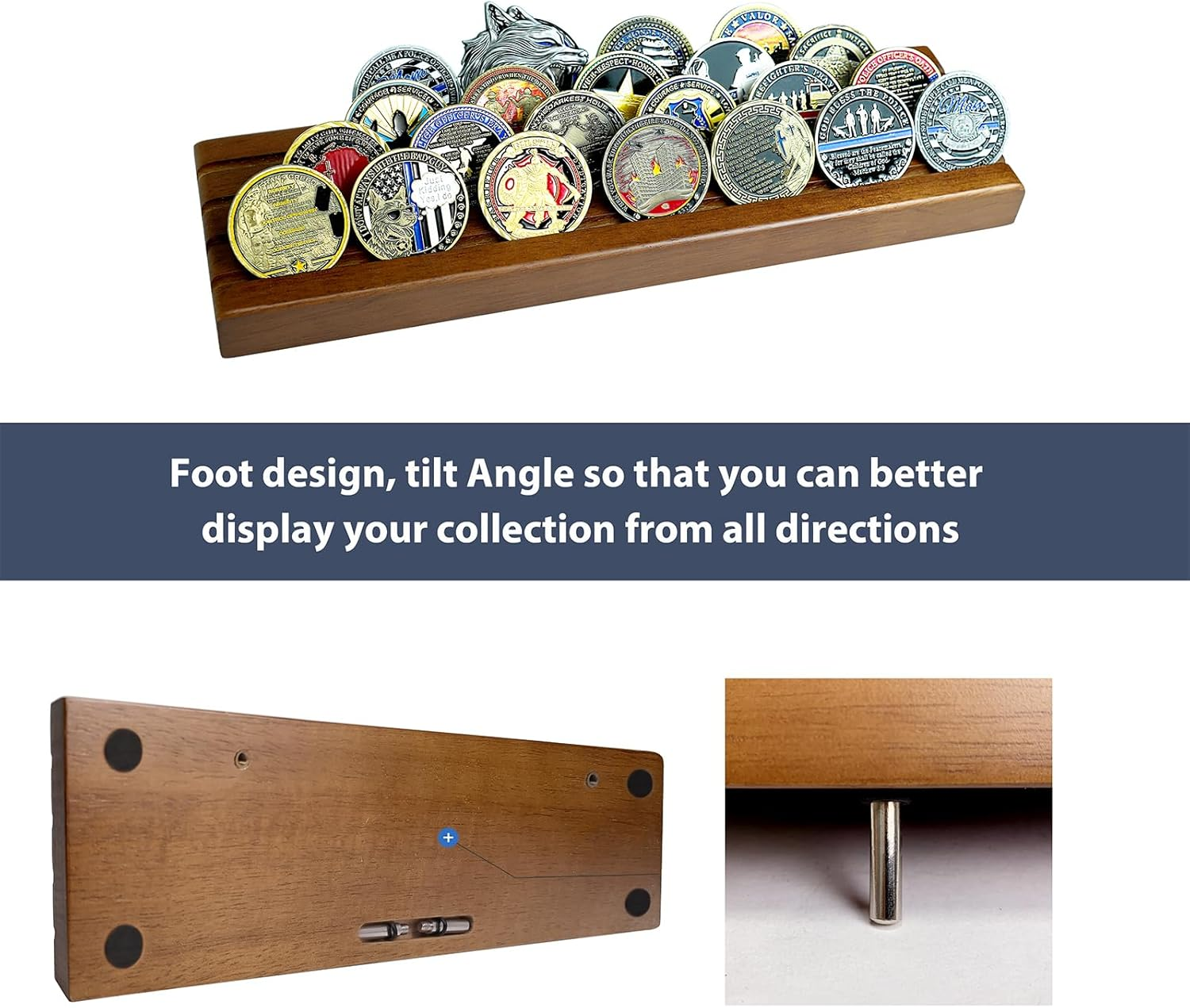 Challenge Coin Display Stand 4 Rows Wooden Military Coin Holder Rack Case Holds 30 Coins, Walnut Finish image number 3