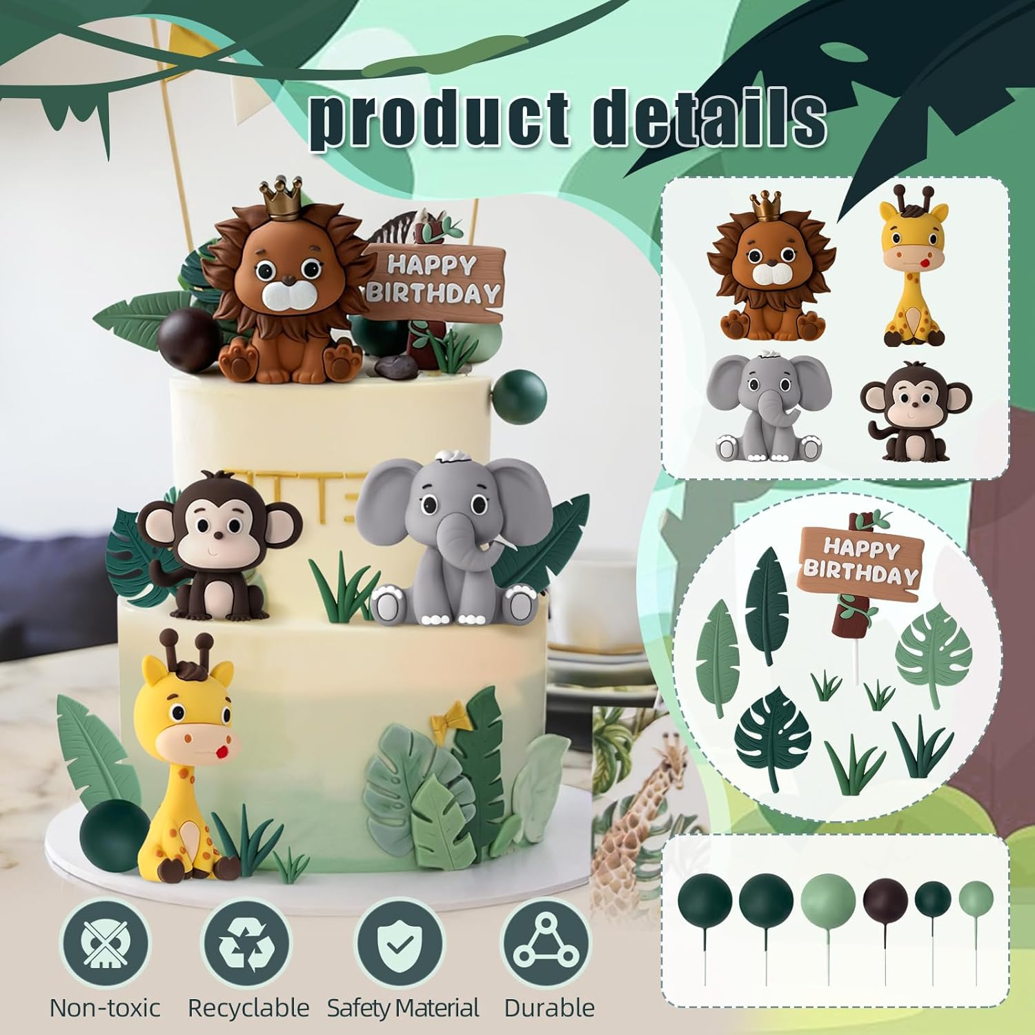 19Pcs Safari Animal Cake Topper - Jungle Wild Cake Decorations with Leaves Balls for Animals Themed Birthday Boy Girl Baby Shower Party (Animal Style) image number 2
