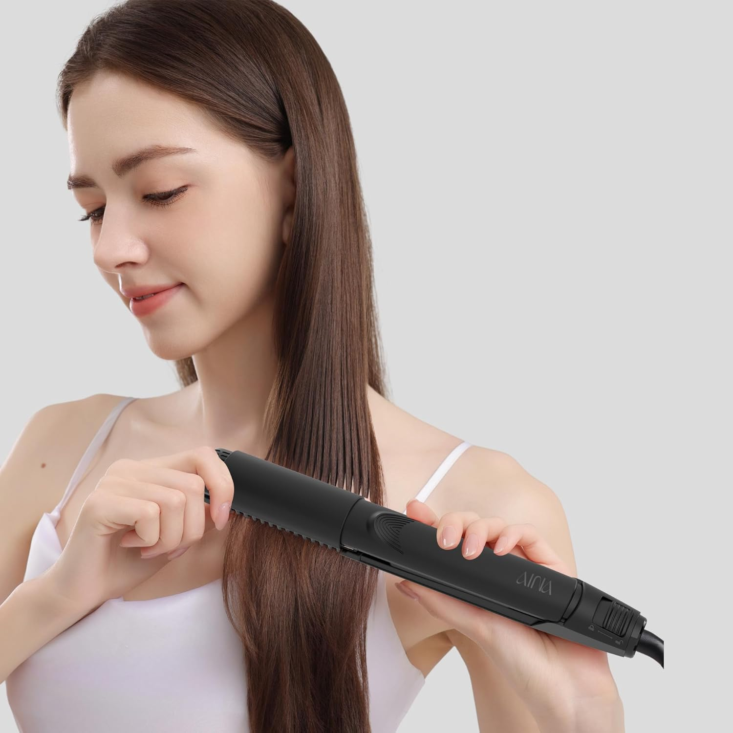 AINA Hair Straightener Brush, Flat Iron | Titanium Plates Dual Voltage Hair Straightening Curling Iron 2 In1 | Resolve Tangled Frizz (Black) image number 1