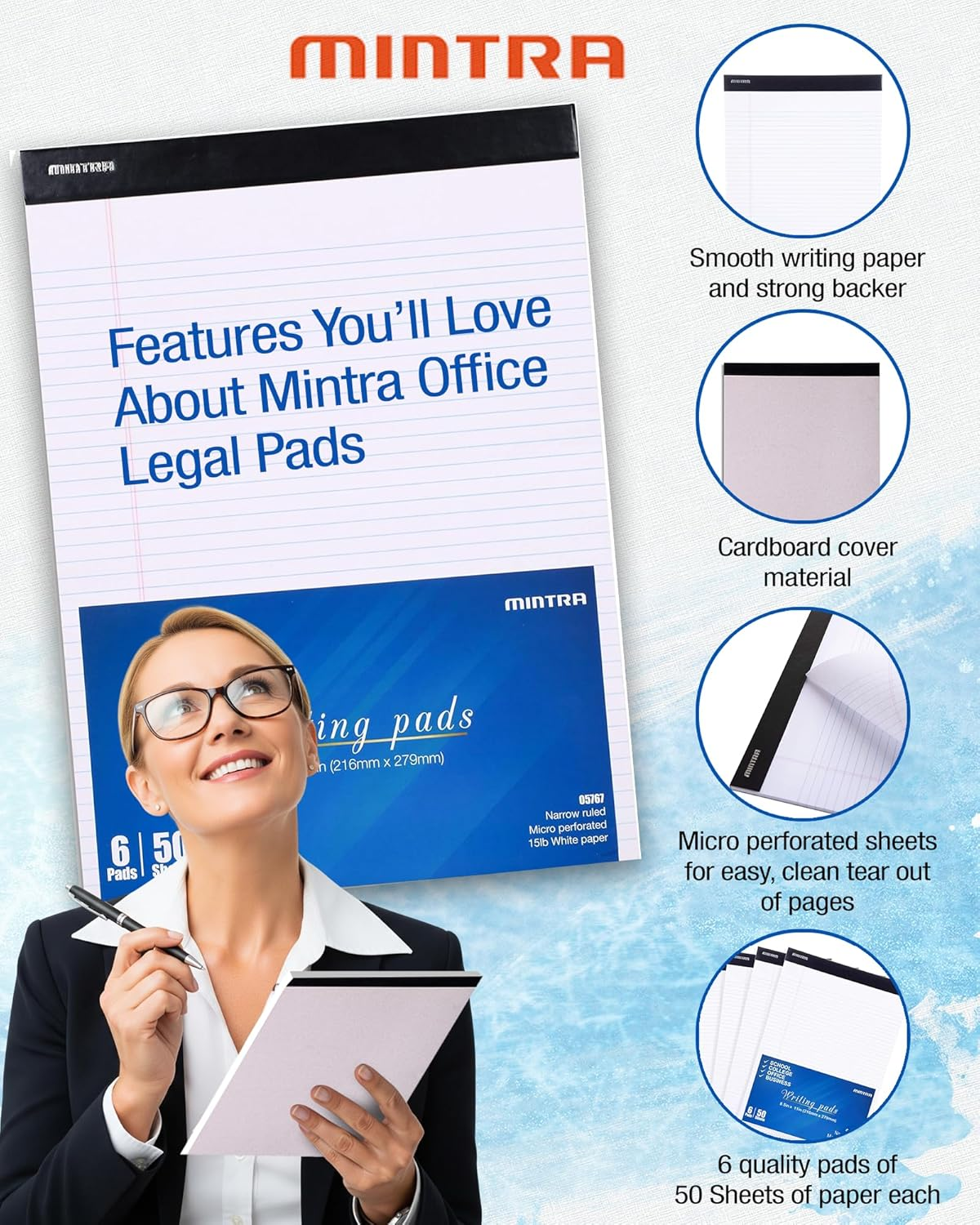 Mintra Office Legal Pads - ((Basic White 6Pk, 8.5In X 11In, Narrow Ruled)) - 50 Sheets per Notepad, Micro Perforated Writing Pad, Notebook Paper for School, College, Office, Business