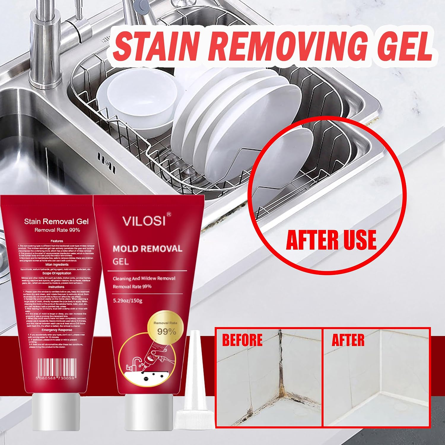 VILOSI Washing Machine Cleaning Gel, 300Ml/10.6Oz Black Stain Remover Gel for Bathroom Shower Grout, Front Loader Washing Machine Seal, Refrigerator Strips, Tile & Silicone Surfaces (300, Grams) image number 2