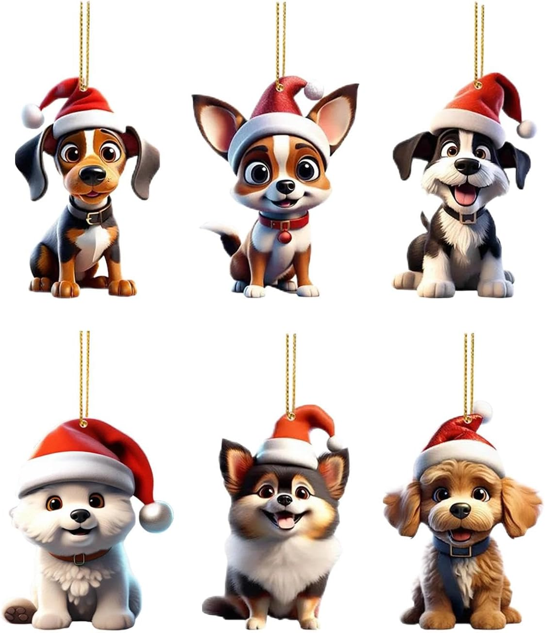 Puppy Ornaments for Christmas Trees, 6X Acrylic Puppy Craft Decor, 2024 Christmas Tree Pendants, 2D Santa Hat Dog Tabletop Ornaments for Christmas Tree