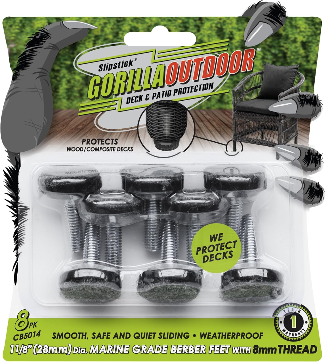 Slipstick Gorilla Outdoor Adjustable Furniture Levelers (8 Pack) Weatherproof Screw in Leg Glides for Chairs, Tables, and Outdoor Furniture Feet, 28Mm Slider Glide, M8 Thread