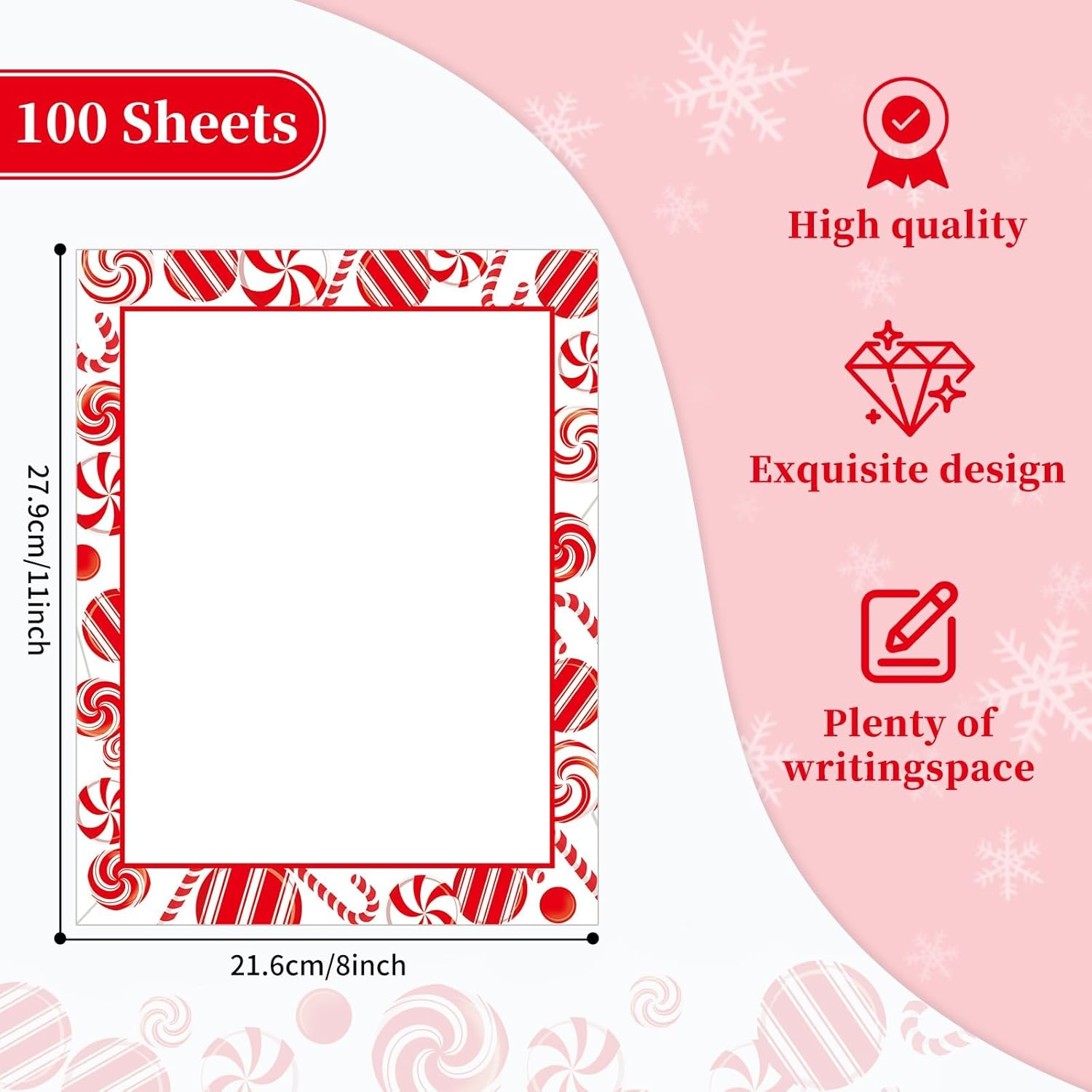100 PCS Peppermint Party Letterhead Candy Cane Christmas Border Computer Paper Stationery Paper for Note Letters to Santa Holiday Printer Paper Invitations Office School 8.5 X 11 In
