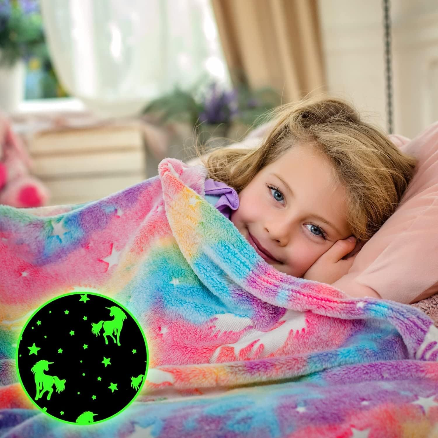Big Size Unicorn Glow in the Dark Blanket for Kids - Rainbow Blankets for Girls - Super Soft Fuzzy Throw Blankets for Teen Girls Plush Fleece Pink Glow in the Dark Blanket for Kids 130 X 170 Cm image number 6