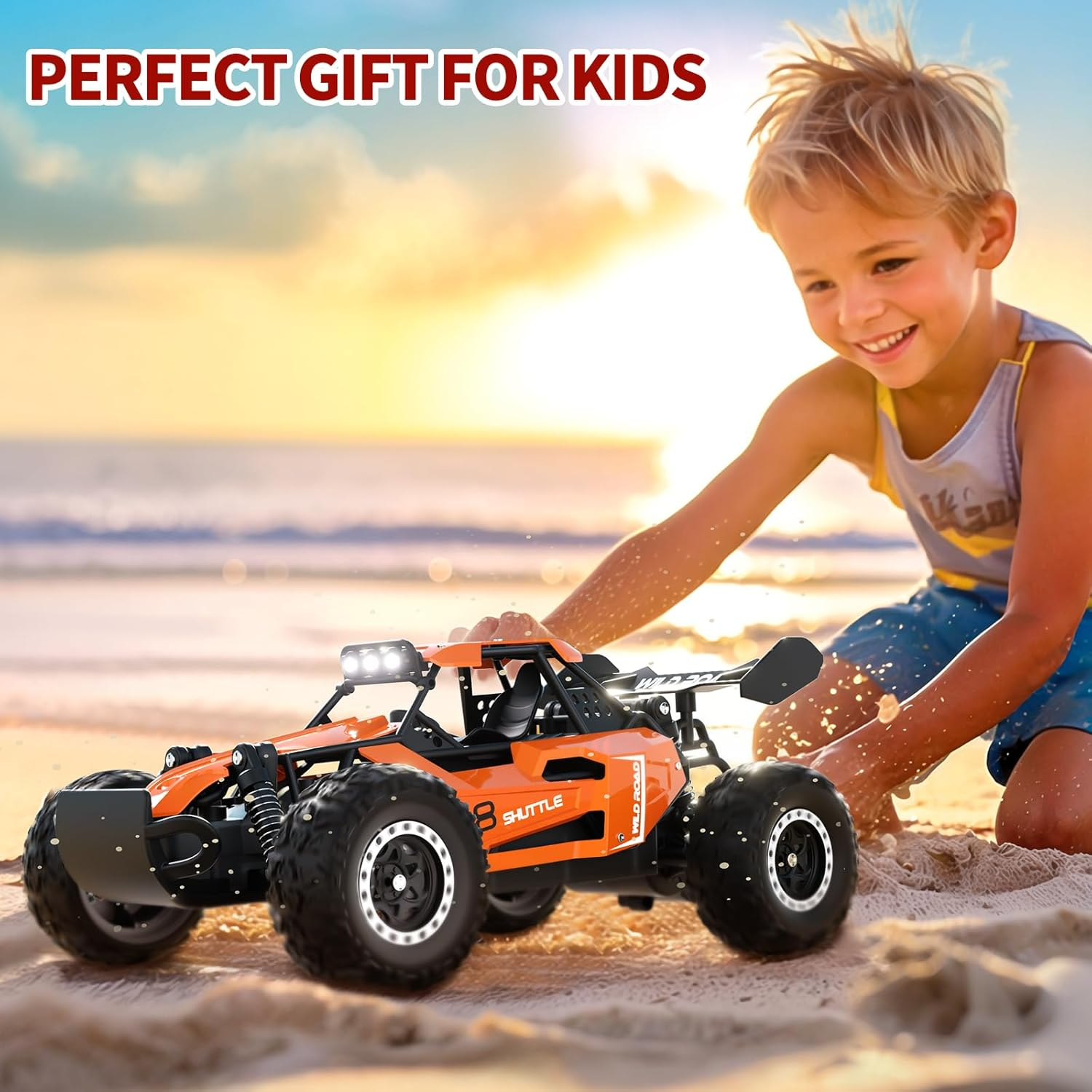 Remote Control Car,1:16 Scale Alloy RC Cars Toys for Boys Kids, 2.4Ghz 4WD Off-Road Vehicle with LED Headlight(Orange) - Orange image number 3