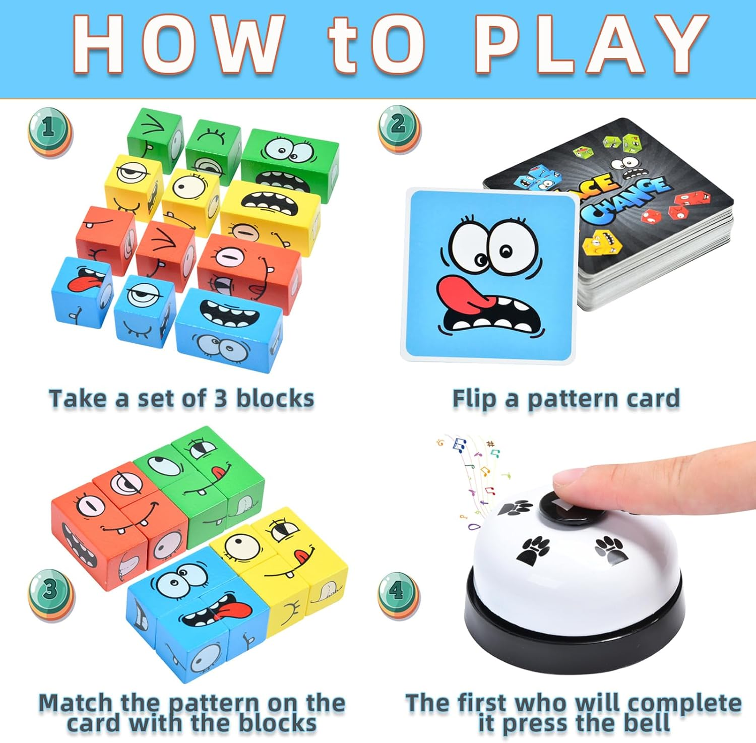 Wooden Face Changing Magic Cube Game, Expression Puzzle Building Blocks Emoji Pattern Matching Game, Educational Puzzles Toy Board Games for Kids and Adults with Bell - With Bell image number 2