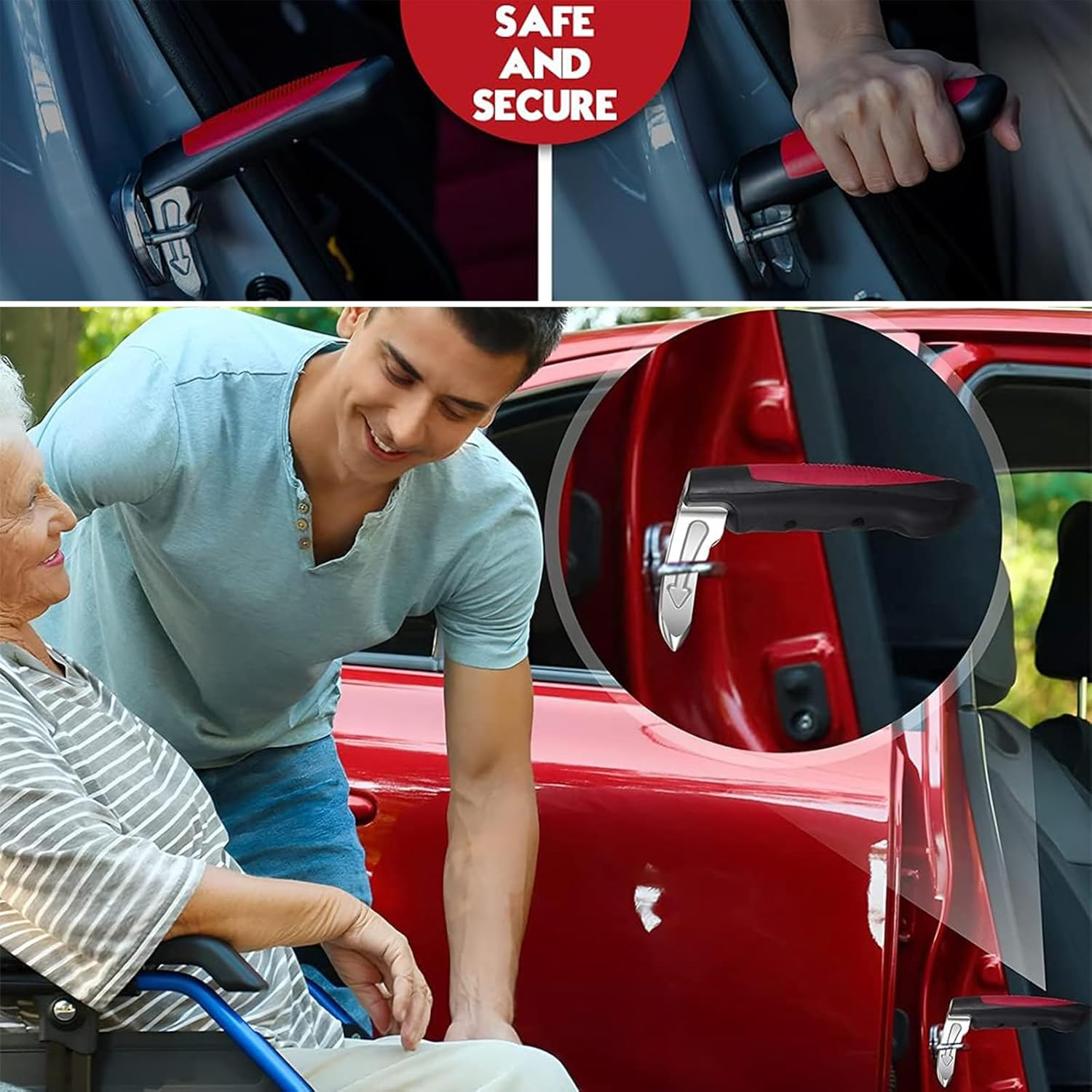 2 Pack Portable Vehicle Support Handle Assist, Multifunction Auto Vehicle Support Handle Insert Door Latch Car Handle for Getting in and Out of Car, Window Breaker Standing Mobility Aid for Car (Red) image number 3