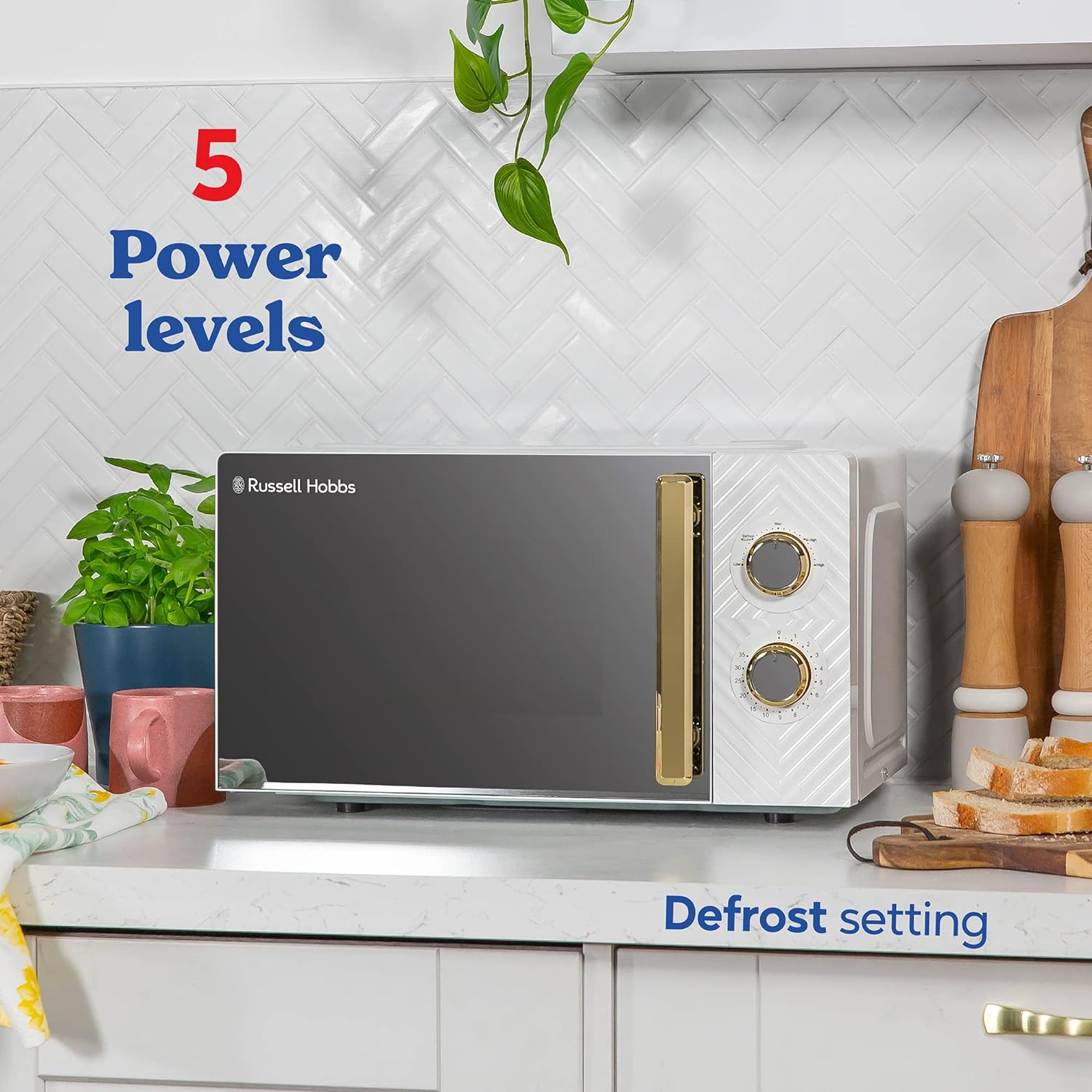 Russell Hobbs 17 Litre 700W White Solo Manual Microwave with Groove Design, 5 Power Levels, Integrated Timer and Defrost Function, Easy Clean RHMM723 - Grey image number 5