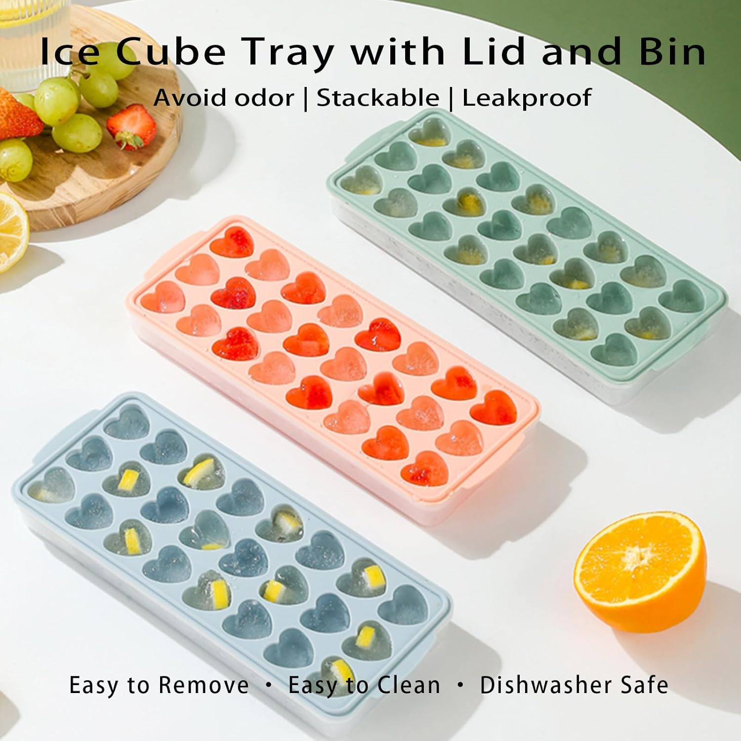 2 Pack Heart-Shaped Ice Cube Trays with Lid and Bin - 48 Holes Silicone Mini Heart Ice Cube Tray, BPA Free and Dishwasher Safe, Fun Shape Ice Cube Mold, Easy to Remove image number 1