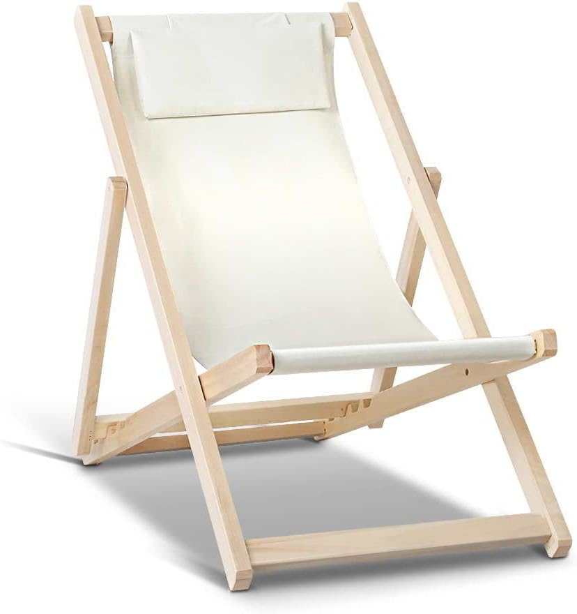 Gardeon Camping Beach Chair Wooden Folding Sun Lounge Deck Chairs Lounger, Outdoor Furniture Armchairs Garden Patio Pool Backyard Camp Picnic, with Pillow Oxford Fabric Beige image number 3