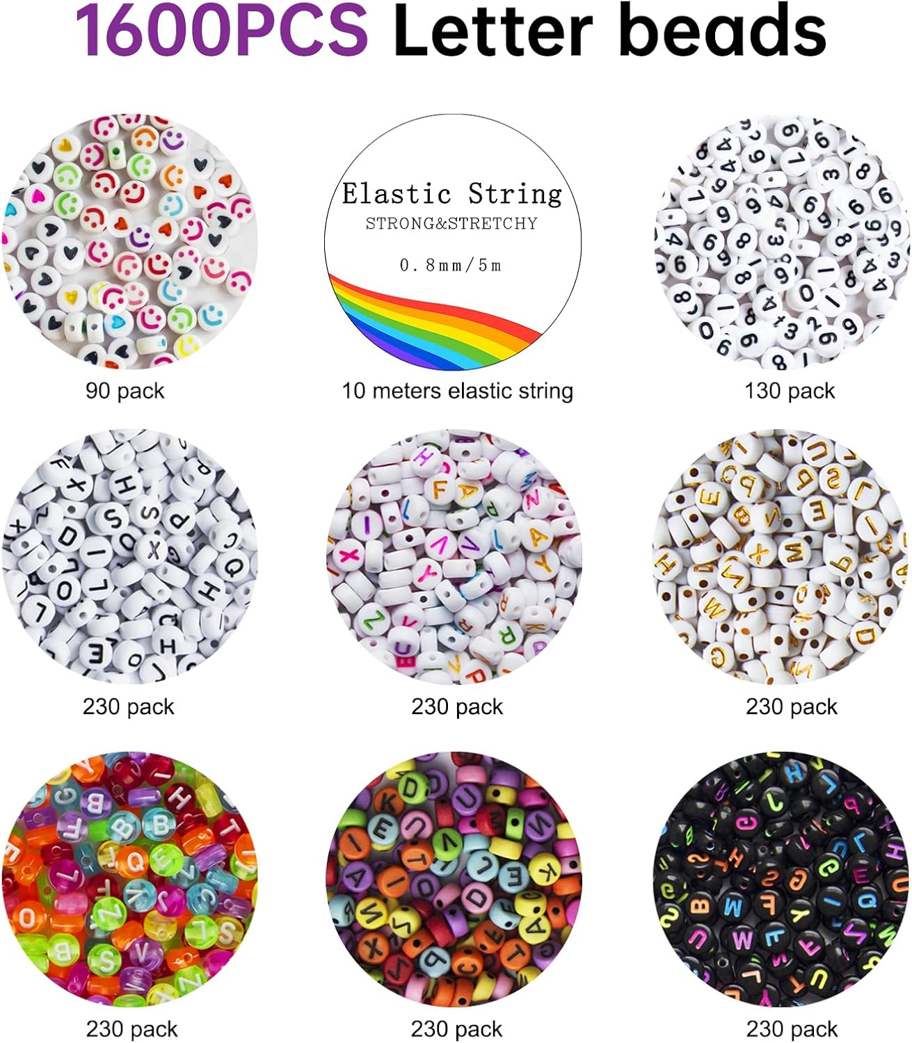 Redtwo 1600 Pcs Letter Beads Kit, 6 Styles of Colorful Alphabet for Bracelet, Numbers, Smiley Face, Heart and Elastic String for Friendship Bracelet Kit image number 1