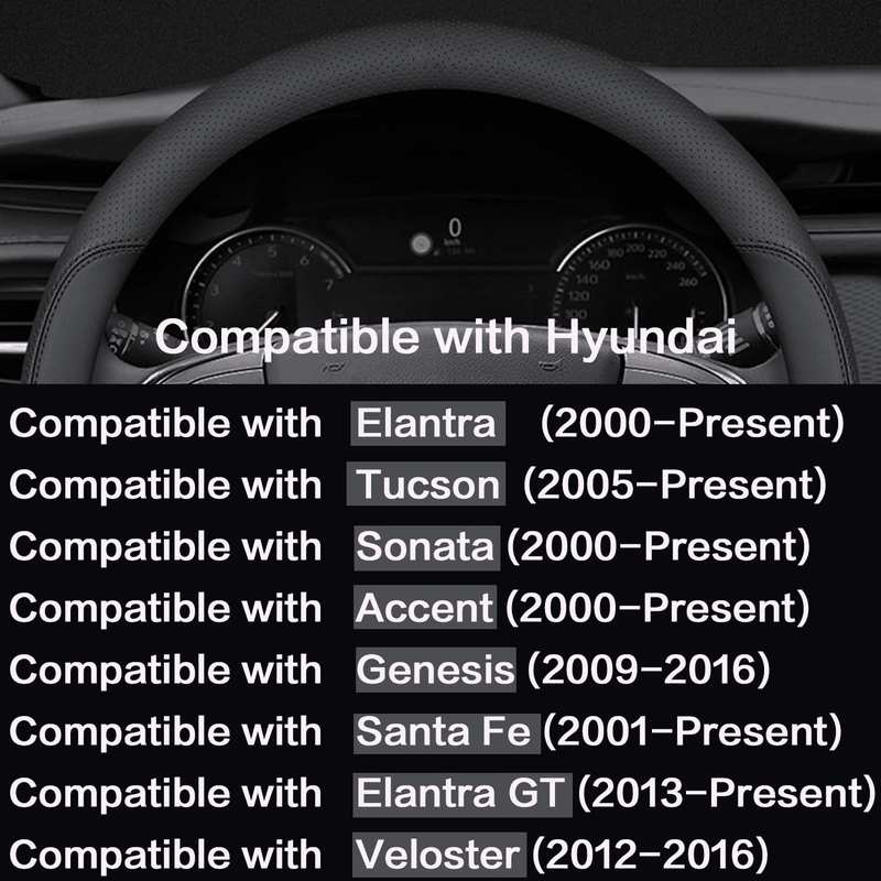 Car Steering Wheel Cover Compatible with Hyundai Elantra Tucson Sonata Santa Fe Elantra GT 14.5-15 Inches, Ultra-Thin Design Premium Nappa Leather (Black-A) image number 4
