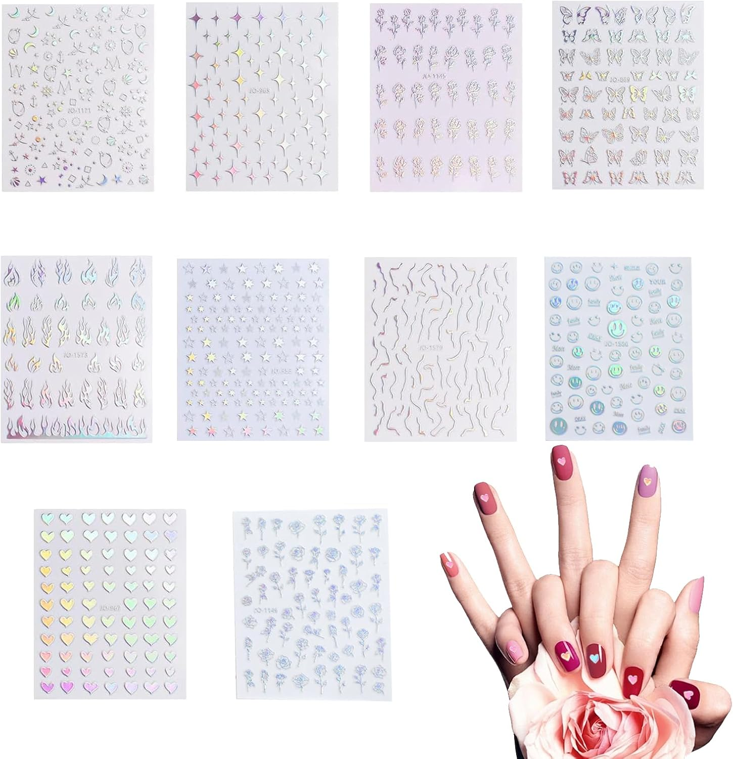 10PCS Nail Art Stickers Aurora Nail Sticker 3D Self Adhesive Holographic Laser Heart Star Moon Flower Butterfly Flame Smiley Rose Glitter Nail Stickers Nails Sticker &Decals for DIY Nail Design Nail image number 6