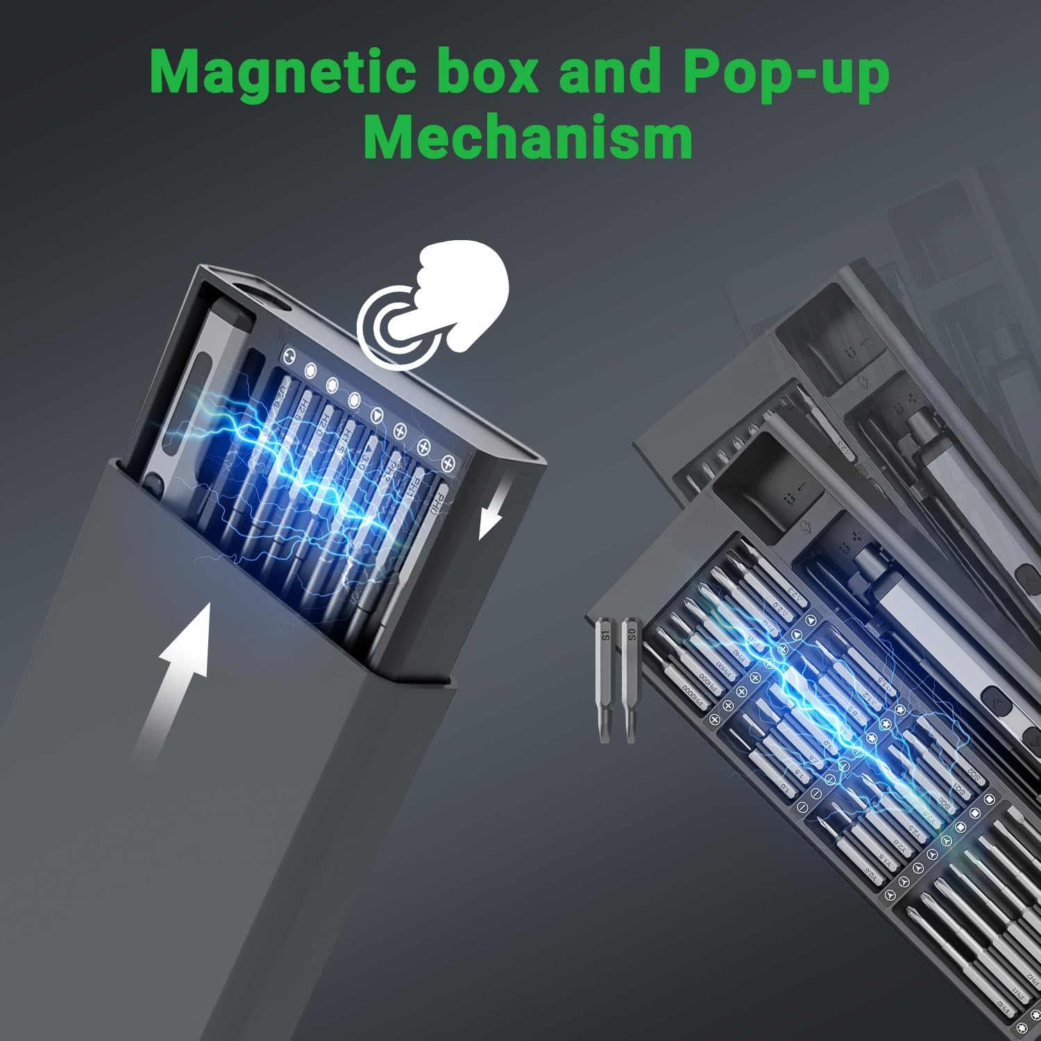 Mini Electric Screwdriver Set,70 in 1 Precision Screwdriver Set,5 Torque Settings, 64 S2 Magnetic Bits, 4 LED Lights, Grey, Cordless, Battery Powered image number 2