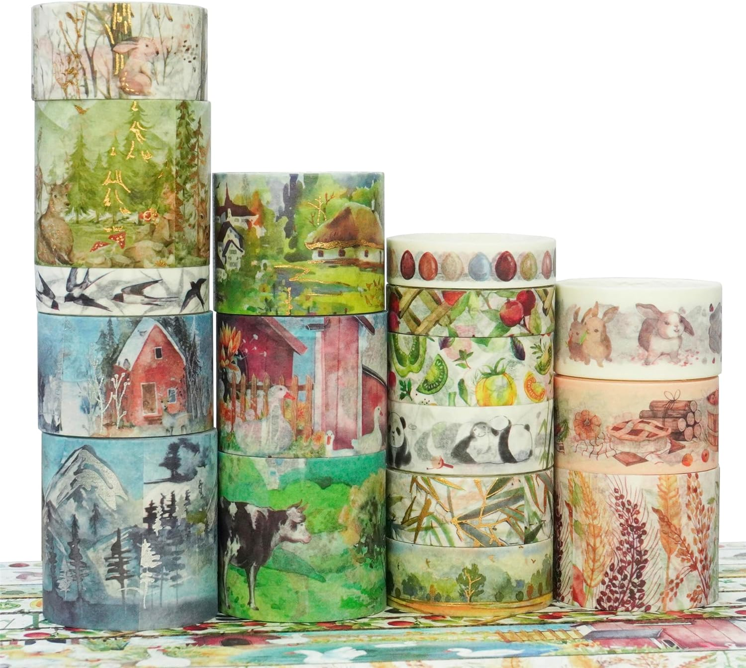 YUBBAEX 17 Rolls Forest Washi Tape Set Wide Gold Foil Masking Mountain Fields Animals Decorative Tapes for Arts, DIY Crafts, Journals, Planners, Scrapbook, Wrapping