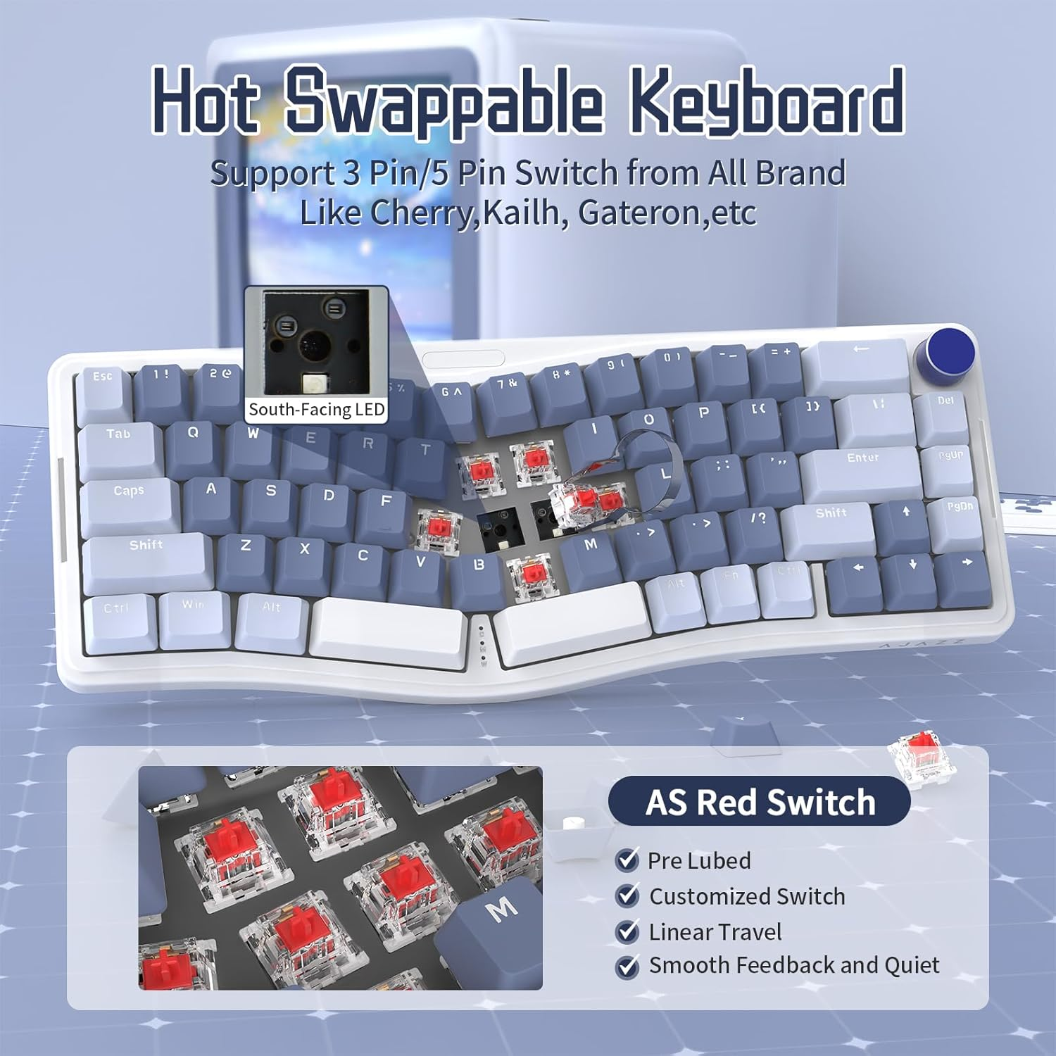 ATTACK SHARK AKS068 Wired Mechanical Gaming Keyboard 65% Alice Layout Hot-Swapped Gasket Mount with RGB Backlit via Programmable Knob NKRO TKL as Pre-Lubed Linear Red Switch for Win/Mac(Blue) image number 1