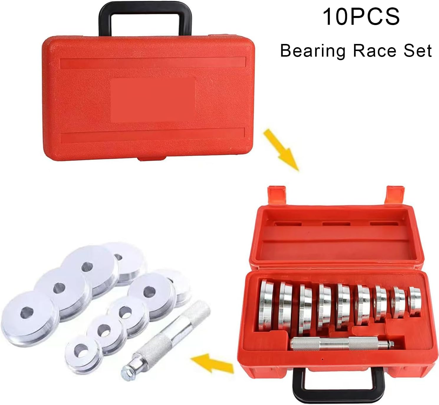 10Pcs Bearing Race and Seal Bushing Driver Install Set Universal Aluminum Bush Drive Seal Kit, 1 Driver 9 Discs Collar Axle Housing with Red Carrying Case Fit for Most Automotive Wheel Bearings
