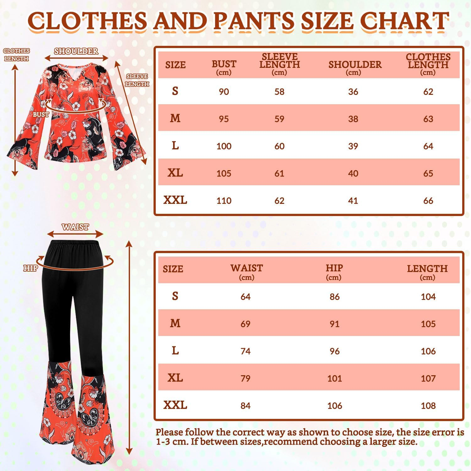 AUTOWT 7Pcs 60S 70S Outfits Womens Hippie Costume Set, Disco Hippie Outfit Dress Boho Flared Pants Hippie Shirt with Sunglasses Headband Earrings Necklace for Adults Halloween Cosplay image number 1