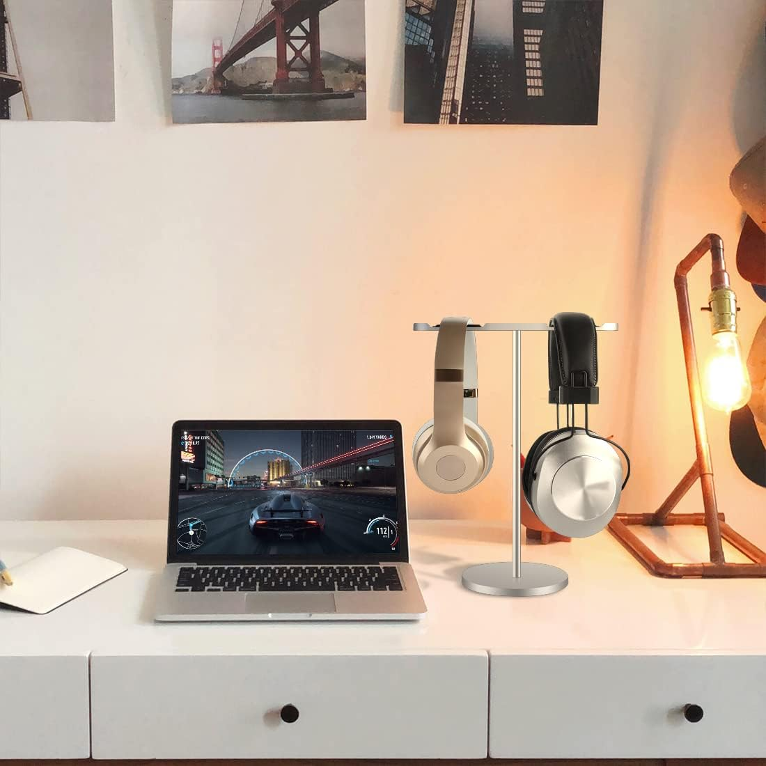 Geekria Aluminum Alloy Dual Headphones Stand for Over-Ear | On-Ear Headphones, Gaming Headset Holder, Desk Display Hanger with Solid Heavy Base, Compatible with Bose QC45, QC35 (Silver) image number 3