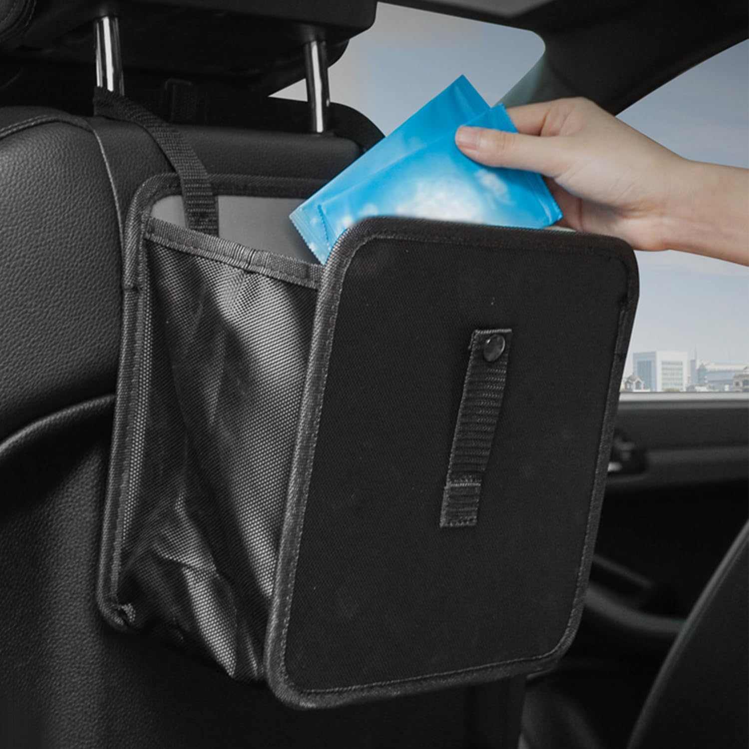 Foldable Hanging Car Trash Can, Waterproof Leakproof Car Interior Accessories Car Trash Bin, Multifunctional Car Storage Bag, Trash Can Storage Bag with Large Capacity for Car image number 6