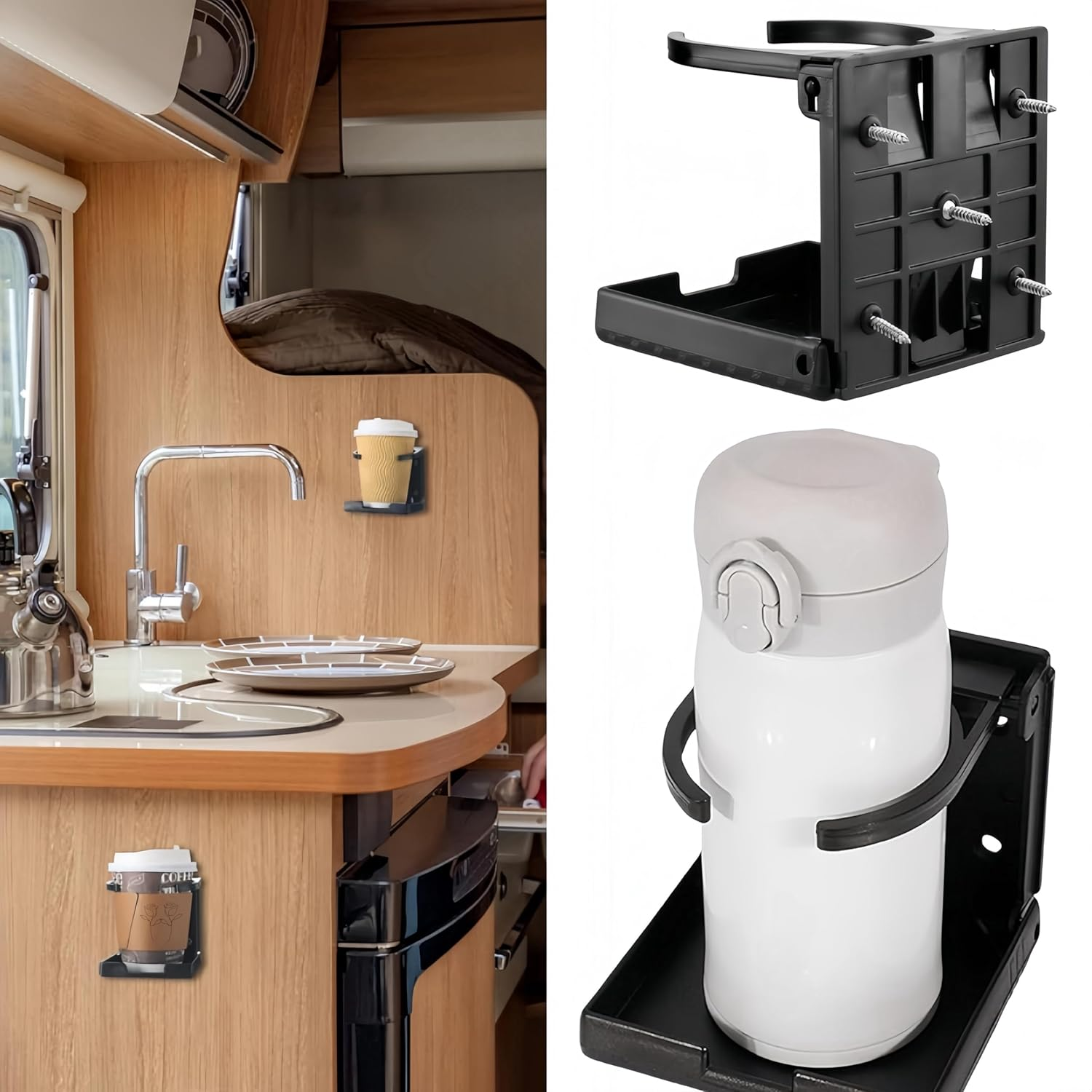 Set of 2 Black Plastic Folding Cup Holders,Wizefolk Adjustable Folding Drink Holder with Screws,Wall Mount Car Cup Holder,Boat Car Cup Holder, for Boat,Car,Trucks,Rvs,Vans,Home,Leisure Centre image number 2