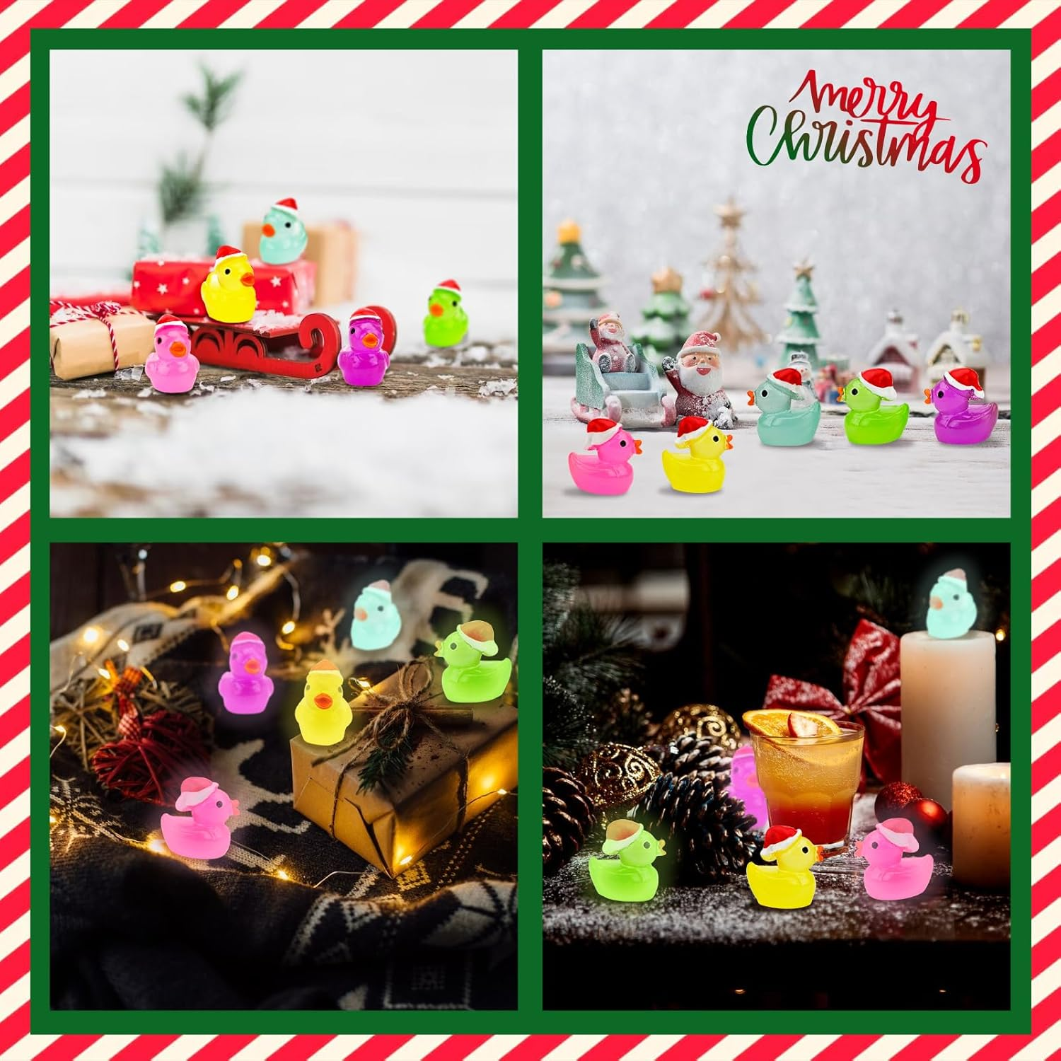50Pcs Christmas Mini Ducks Miniature, 5Colors Luminous Ducks Figurines Wtih Christmas Hat, Figures Ornament for Micro Landscape Dollhouse Miniature Statue Landscape Craft Cake Topper image number 4