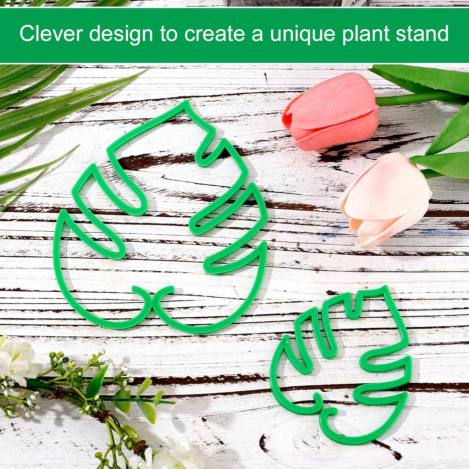 2Pcs Monstera Shaped Plant Stand, 2 Sizes Aesthetic Leaf Plant Support Climbing Houseplant Stem Supports Plant Stem Support Plant Growth Accessories for Keeping Plants Growing Vertical (Green) image number 5