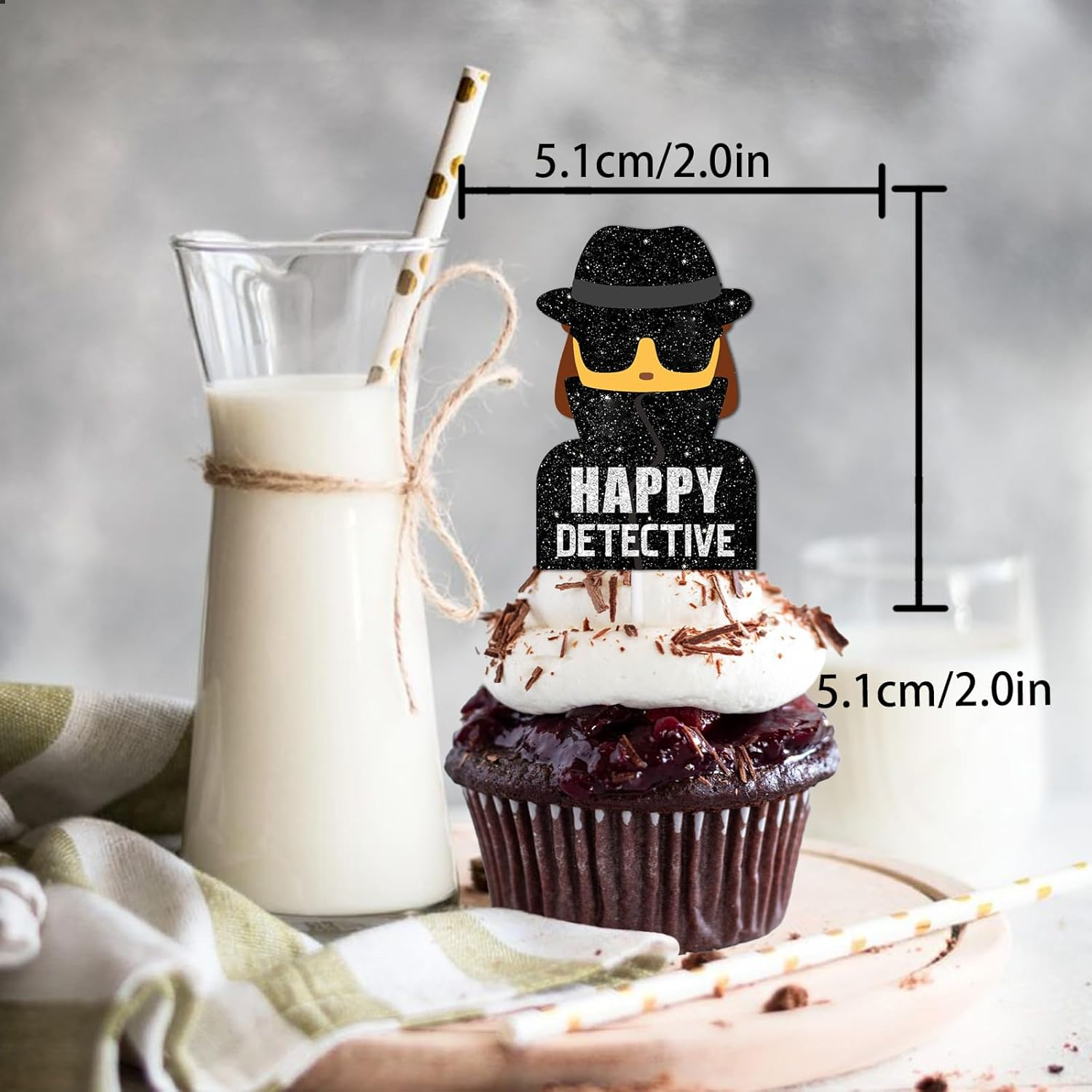 18Pcs Glitter Dessert Cupcake Topper Mystery Crime Clue Evidence Detective Agent Theme Happy Birthday Party Decor Supplies Decorations