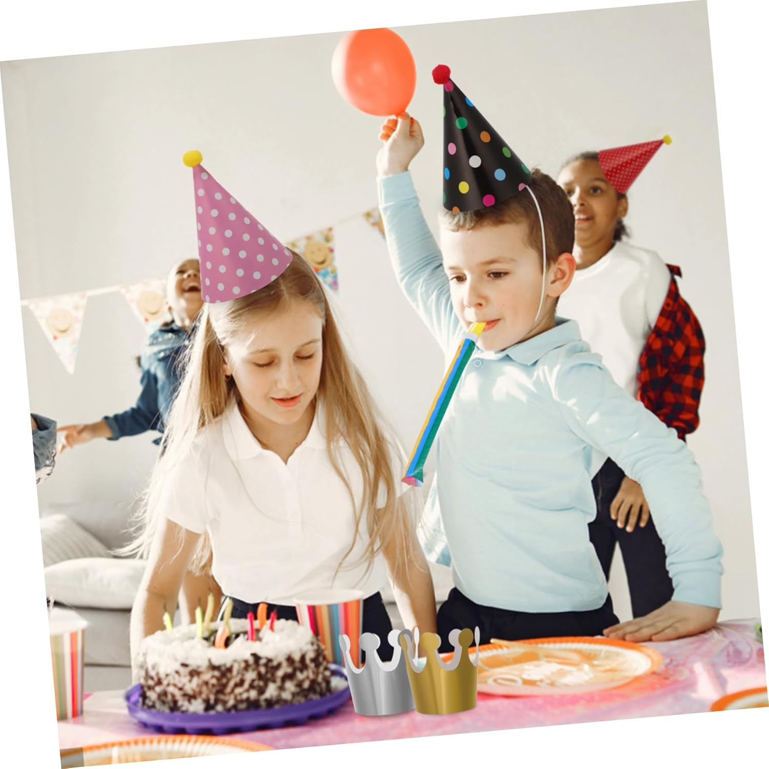 1Set Colorful Party Hats with Paper Crowns and Blowouts Cone Birthday Hats and Party Blowers for Adults Fiesta and Carnival Decorations for Birthday Parties image number 4