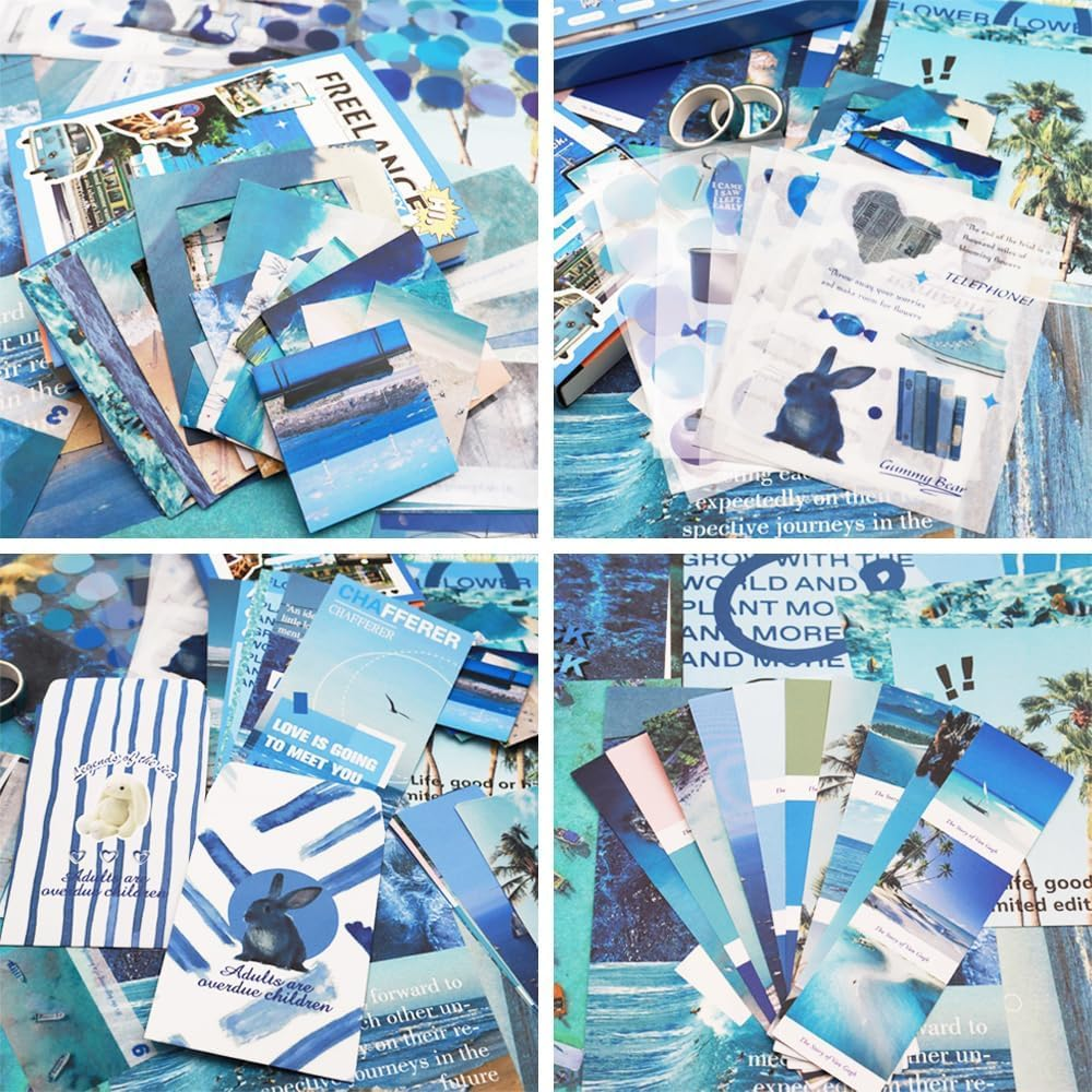 Scrapbook Kit with Scrapbooking Supplies Stickers, Aesthetic Scrapbook Paper, Washi Stickers, Tape, A6 Notebook Art Journaling Kit for Junk Journal DIY for Adults Teens (Sea) image number 3