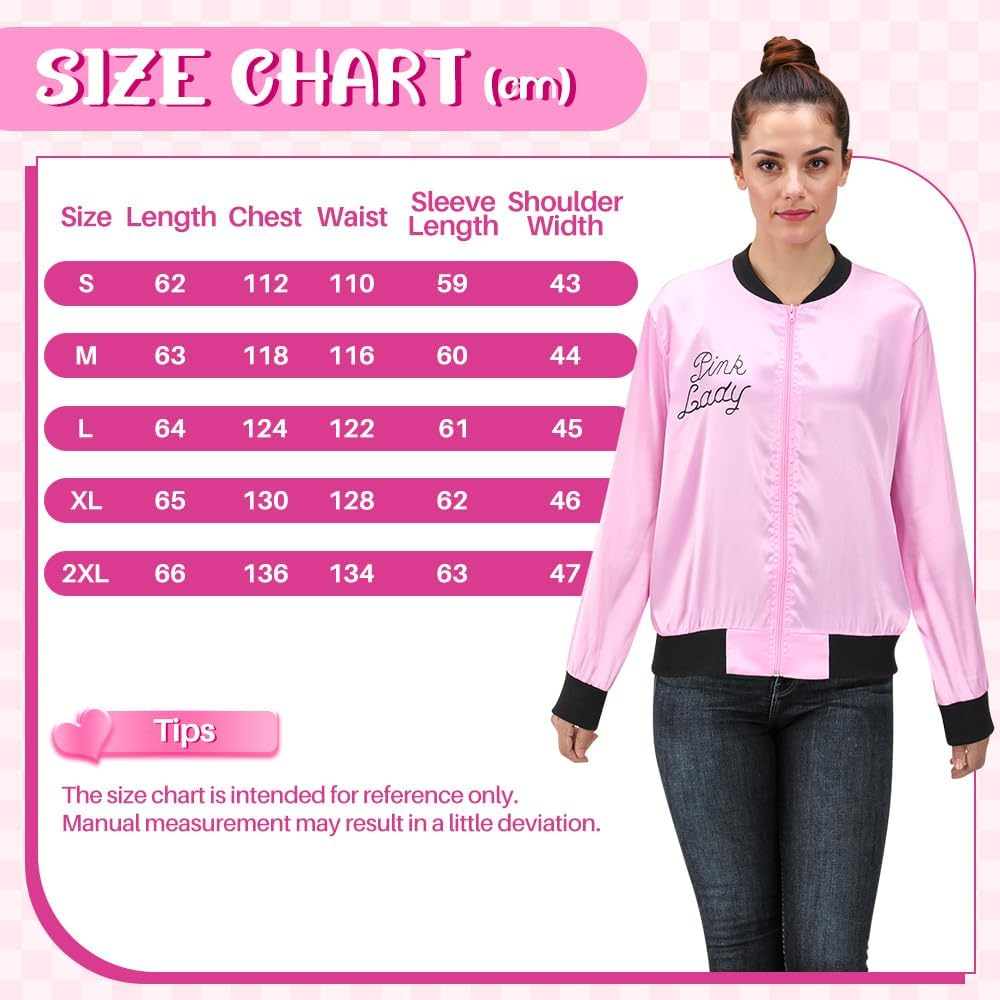 AUTOWT 1950S Pink Ladies Jacket Costume, 11PCS 50S Satin Jacket with Neck Scarf Headband Earrings Cat Eye Glasses Halloween Cosplay Accessories Set for Adults Women Dress up Party Outfit image number 6