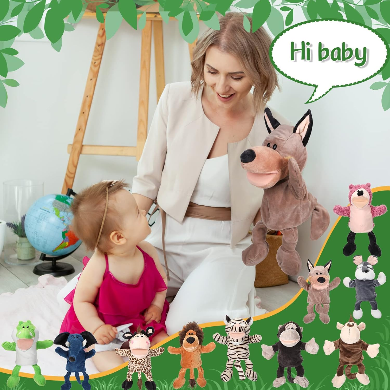 Wettarn 10 Pcs Animal Hand Puppets 12 Inch Soft Plush Lion Orangutan Giraffe Tiger Monkey for Boys and Girls Storytelling, Teaching, Role Playing image number 6