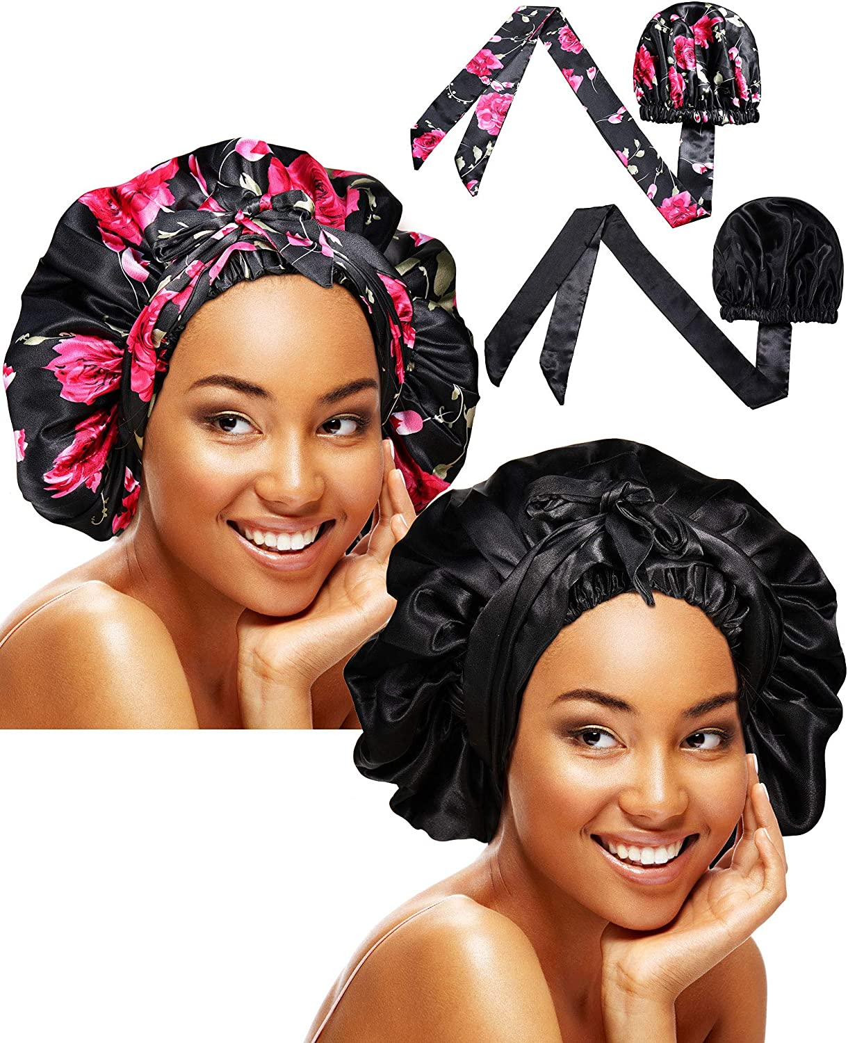 Syhood 2 Pieces Soft Satin Head Scarf Sleeping Cap Bonnet Headwear Head Wrap Turbans for Women Long Curly Hair, Braids