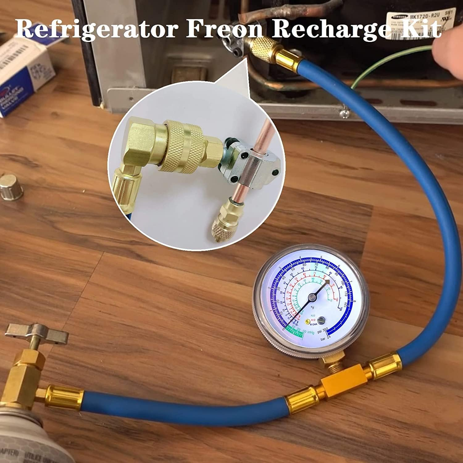 Refrigerator Freon Recharge Hose with Gauge Kit-A/C R134A R12 R22,Universal Retrofit Valve,With BPV31 Bullet Piercing Tap Valve,R134A Self-Sealing Adapter for Home/Car A/C Refrigerant System (5) image number 1