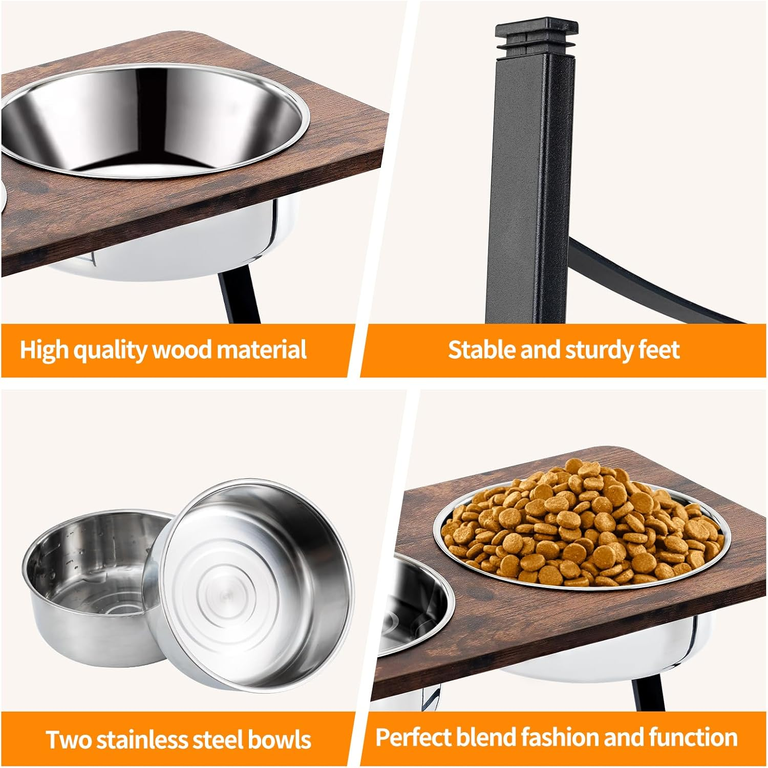Elevated Dog Bowls for Medium and Large Dogs Wood Raised Bowl Stand with Two 1700ML (58Oz) Stainless Steel Dog Food and Water Bowls,Non-Slip image number 6