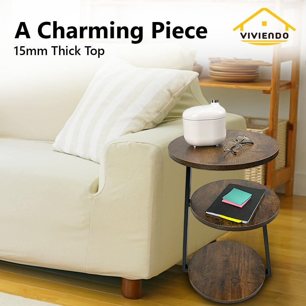 Viviendo 3-Tier Side Table, Industrial End Table for Living Room, Bedside Tables with Storage Shelves, Rustic Wooden Nightstand with Metal Frame