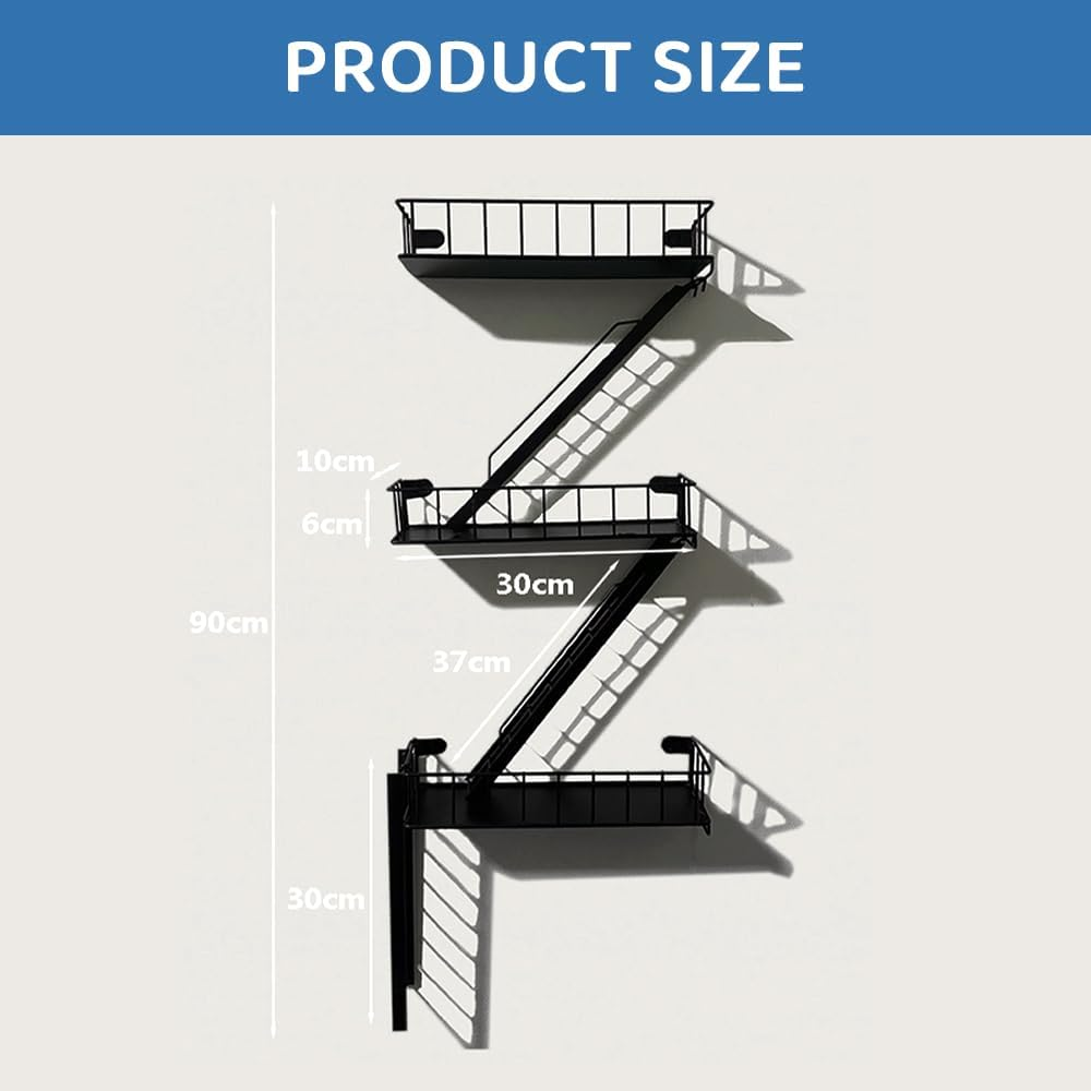 Fire Escape Wall Shelf &ndash; 3 Tier Metal Floating Ladder Shelves, New York Style Decorative Wall Organizer, Action Figure & Book Display Rack for Living Room, Bedroom, Office Decor image number 4