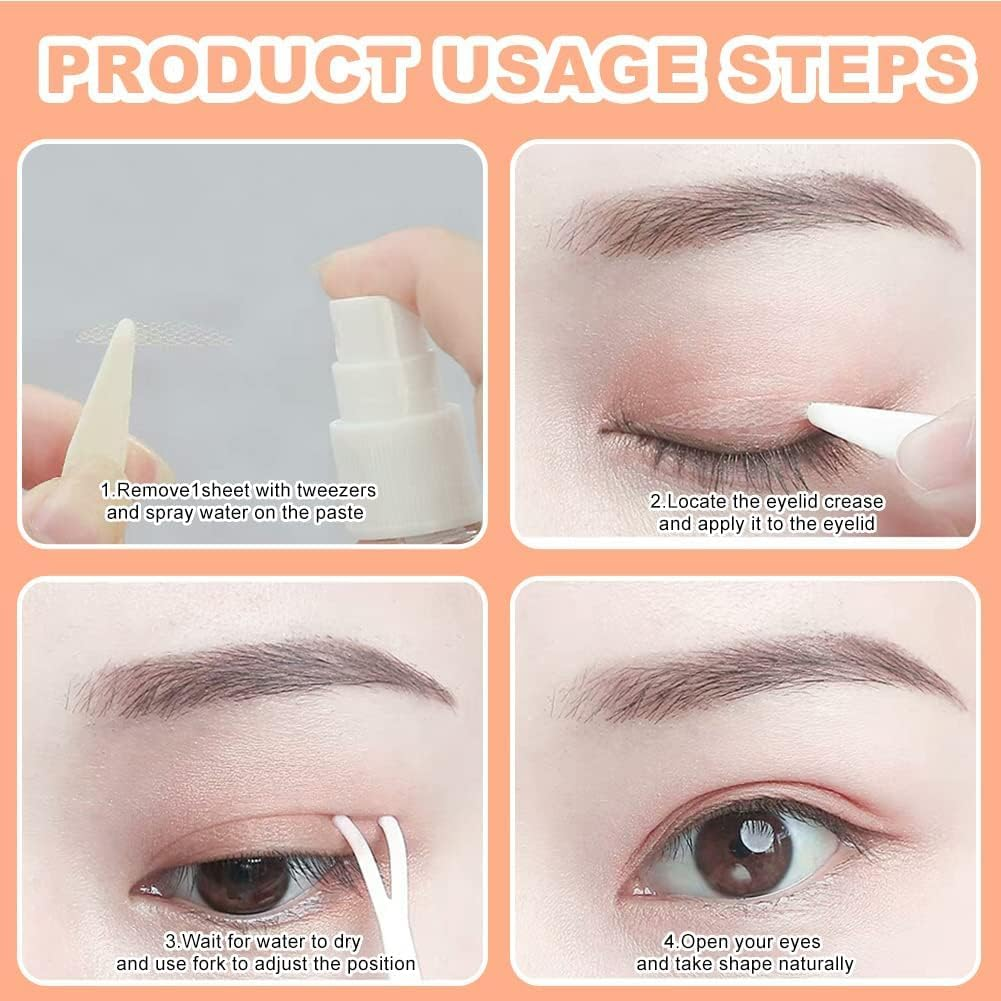 Eyelid Tape Eyelid Tape for Hooded Eyes Glue-Free Double Eyelid Sticker Water Activated Eyelid Lifter Strips Invisible Lace Eyelid Lifter Strips Big Eye Tools with Fork Rods Spray and Tweezers