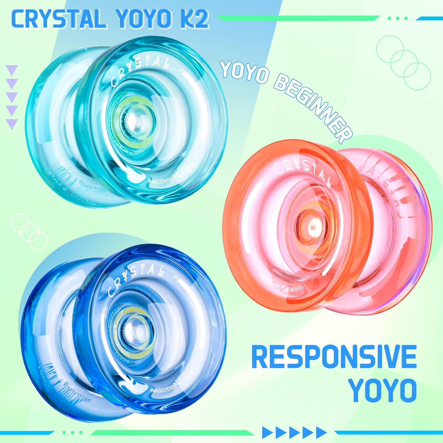 MAGICYOYO K2 plus Crystal Yoyos for Kids, Dual Purpose Responsive Yo-Yo for Beginner, Replacement Unresponsive Bearing for Intermediate, + 15 Strings, 3 Bags,3 Bearing Removers(Green + Blue + Orange) - Green + Blue + Orange image number 2