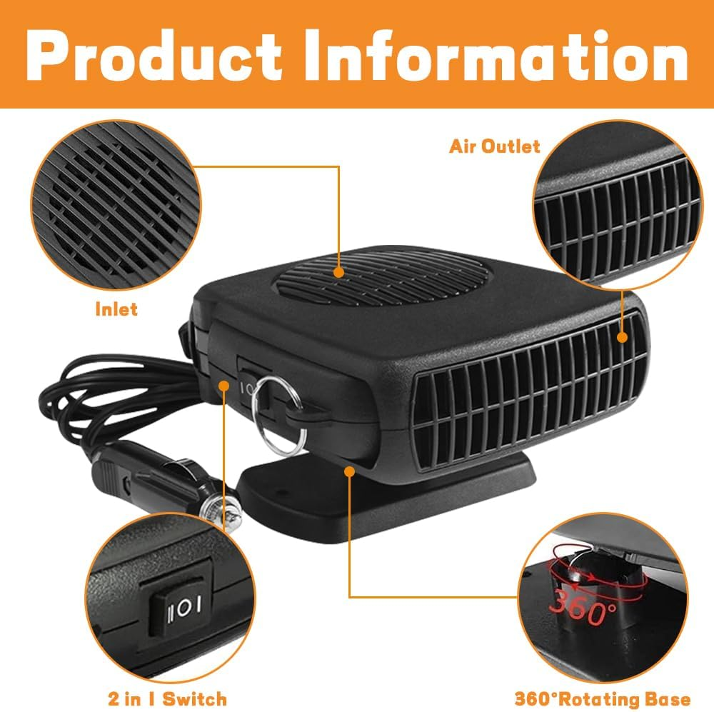 Car Heater,12V Portable Auto Heater with 2 in 1 Fast Heating and Cooling,Plug in Cigarette Lighter Defroster,120W Car Demister,Defogger 360&deg; Rotation for Vehicles Quick Heating Air image number 2