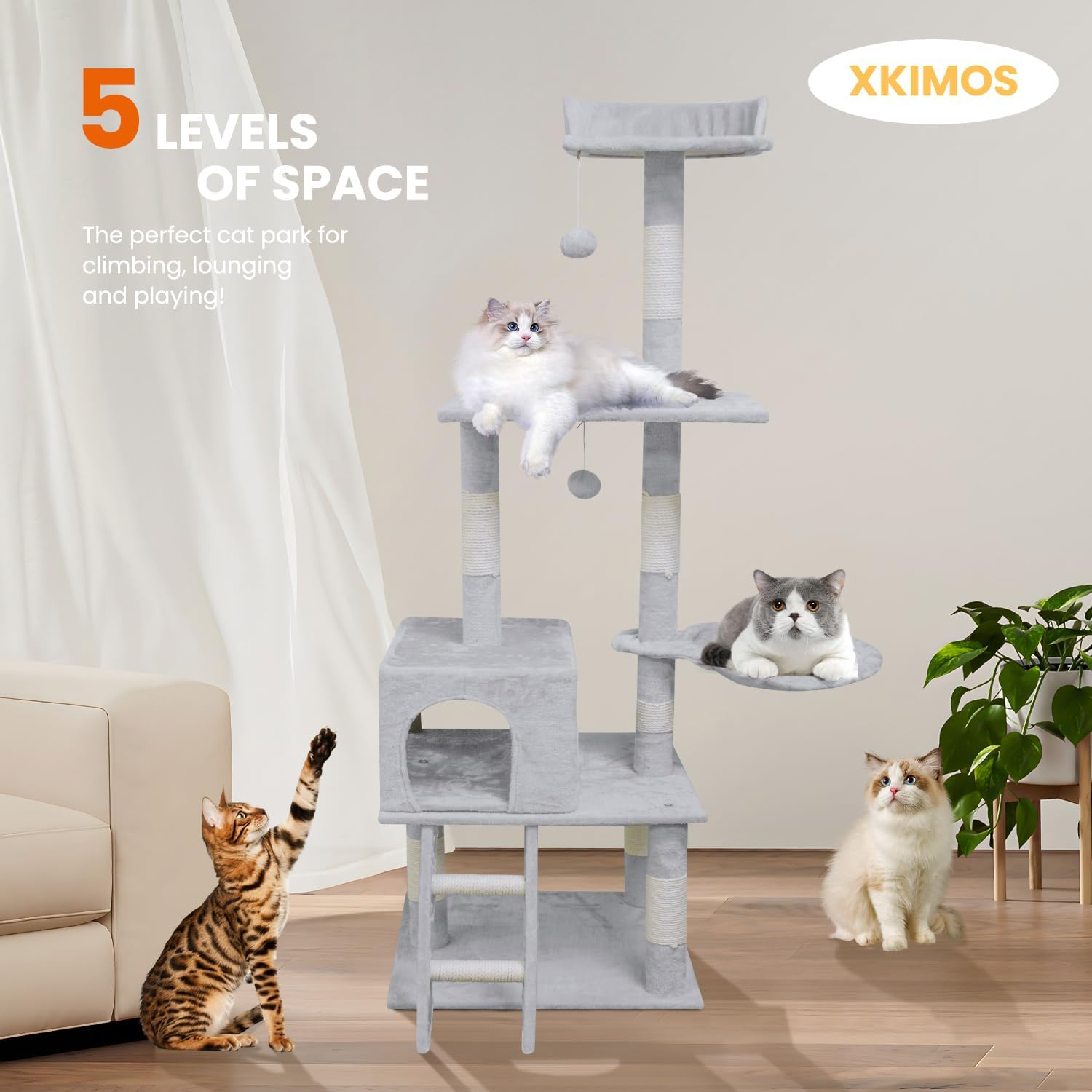 Cat Climbing Frame, 154Cm Cat Scratching Post Multi-Level Play Tower with 2 Pom Poms and Spacious Hammock for Indoor Kittens, Multi-Level Apartment Cat Furniture image number 1