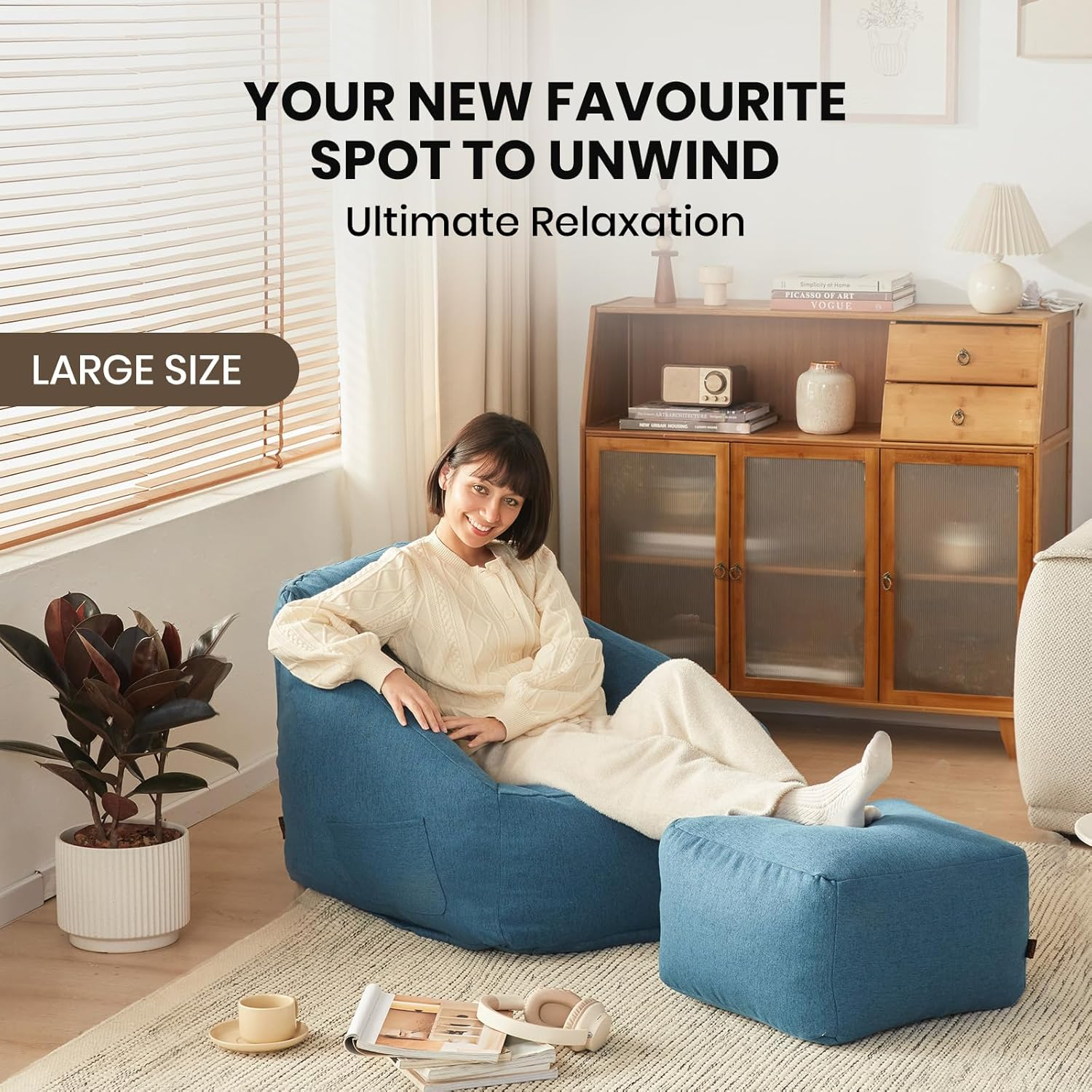 Viviendo Bean Bag Chair Cover (No Filler) for Kids and Adults with Armrest and Ottoman, Stuffable Storage Bag with Zipper, Soft Comfy Extra Large Bean Bag Chair Lazy Lounger Floor Sofa Blue image number 6